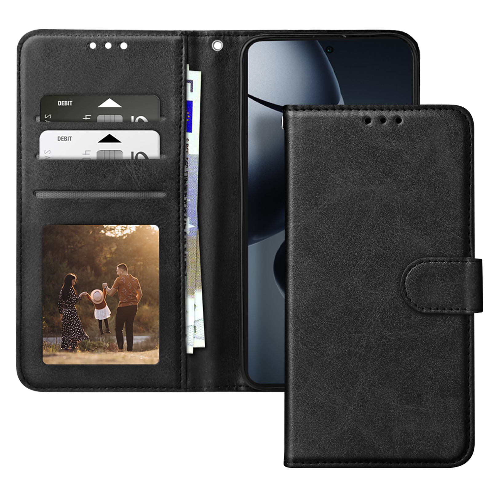 Custodia nera per telefono aperta con carte, denaro e foto di famiglia visibili.