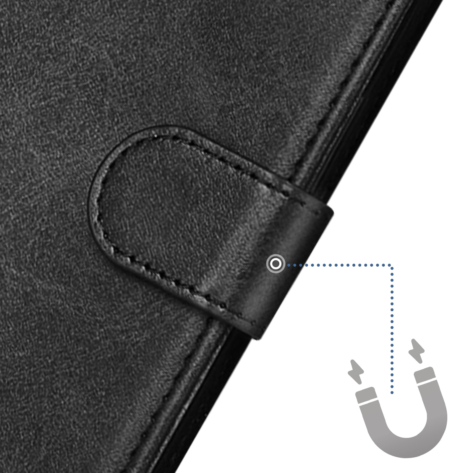 Custodia per telefono nera con chiusura magnetica. Un diagramma mostra il simbolo del magnete.