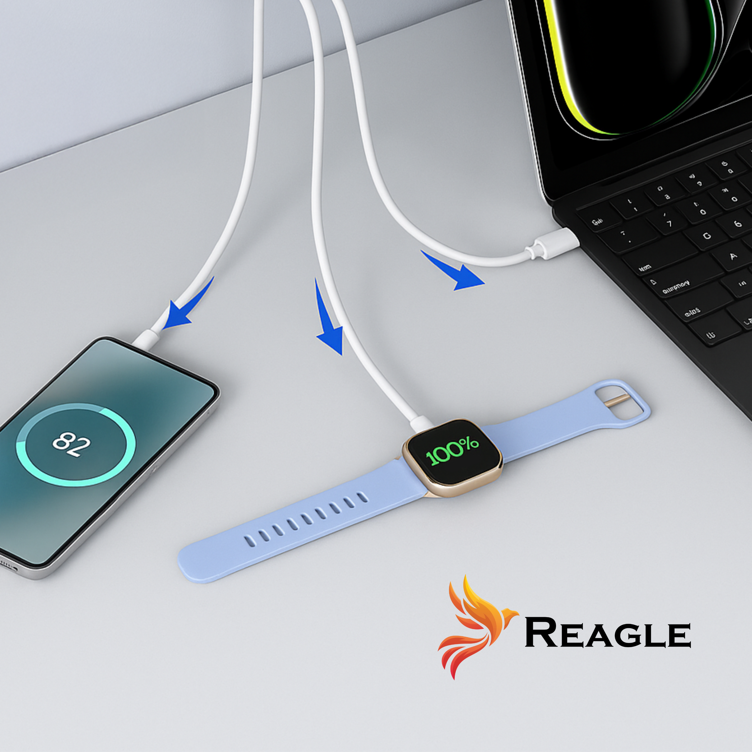 Telefon ładuje się do 82%, a smartwatch do 100%. Oba połączone z laptopem.