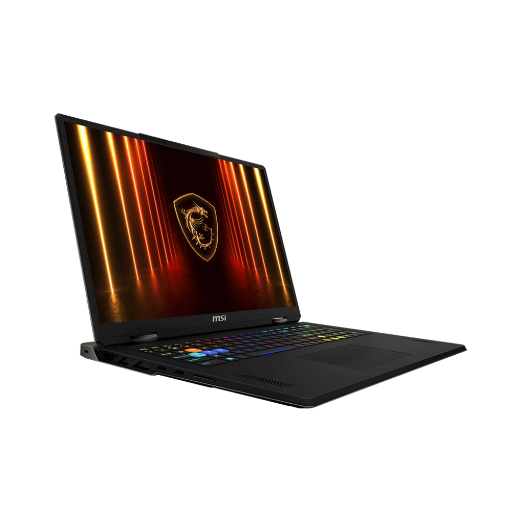 Laptop MSI nero su superficie bianca. Schermo con luci colorate. Tastiera con tasti multicolore. Vista angolata, sfondo bianco.
