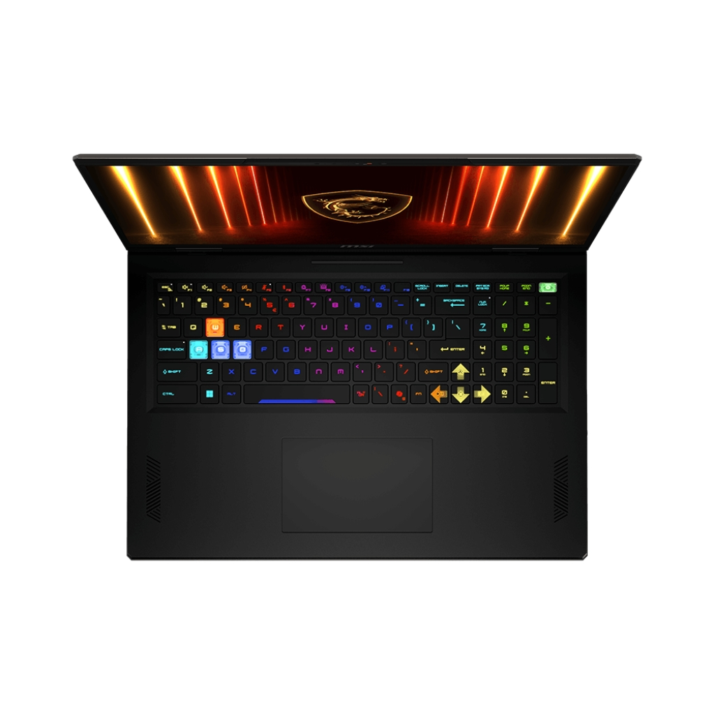 Laptop nero, aperto. Tastiera illuminata con colori arcobaleno. Logo drago sullo schermo. Cornice nera.