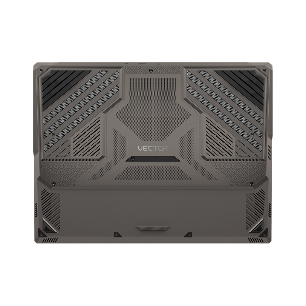 Retro del laptop, grigio, con prese d'aria e testo 'VECTOR'. Design geometrico con pannelli e texture multiple.