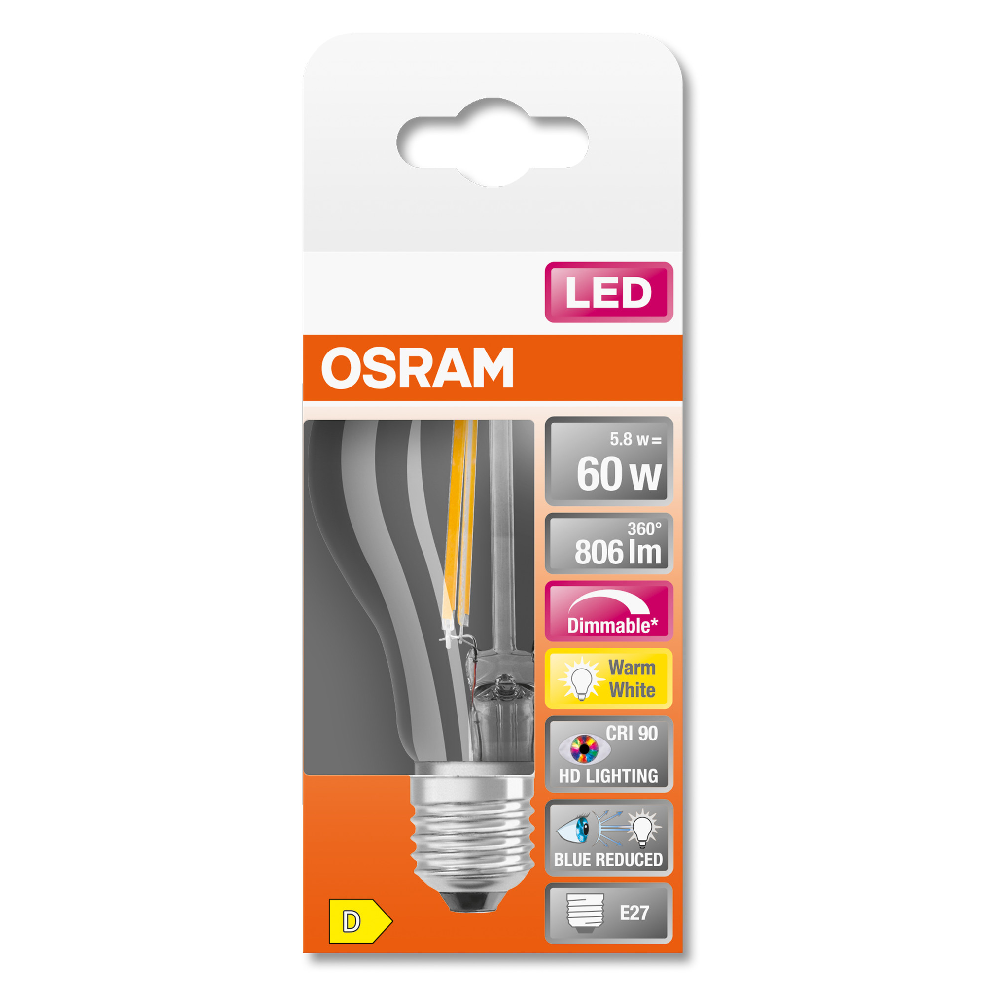 OSRAM LED-Glühbirnenverpackung. Weiß und orange, Glühbirne sichtbar. Textdetails: 60W, 806 lm, dimmbar, warmweiß, HD-Beleuchtung.