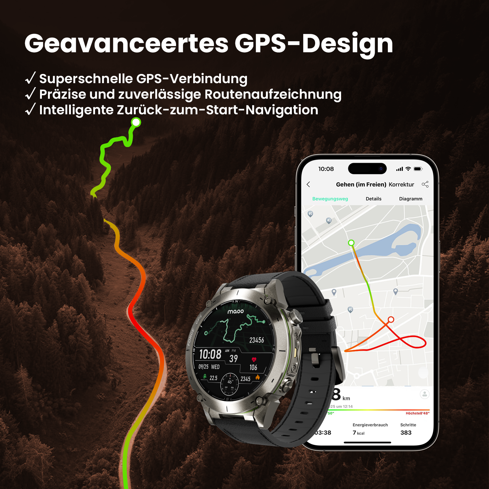 Smartwatch mit GPS-Route auf Telefonbildschirm und Hintergrund. Waldszene mit farbigem Pfad. Text auf Deutsch.