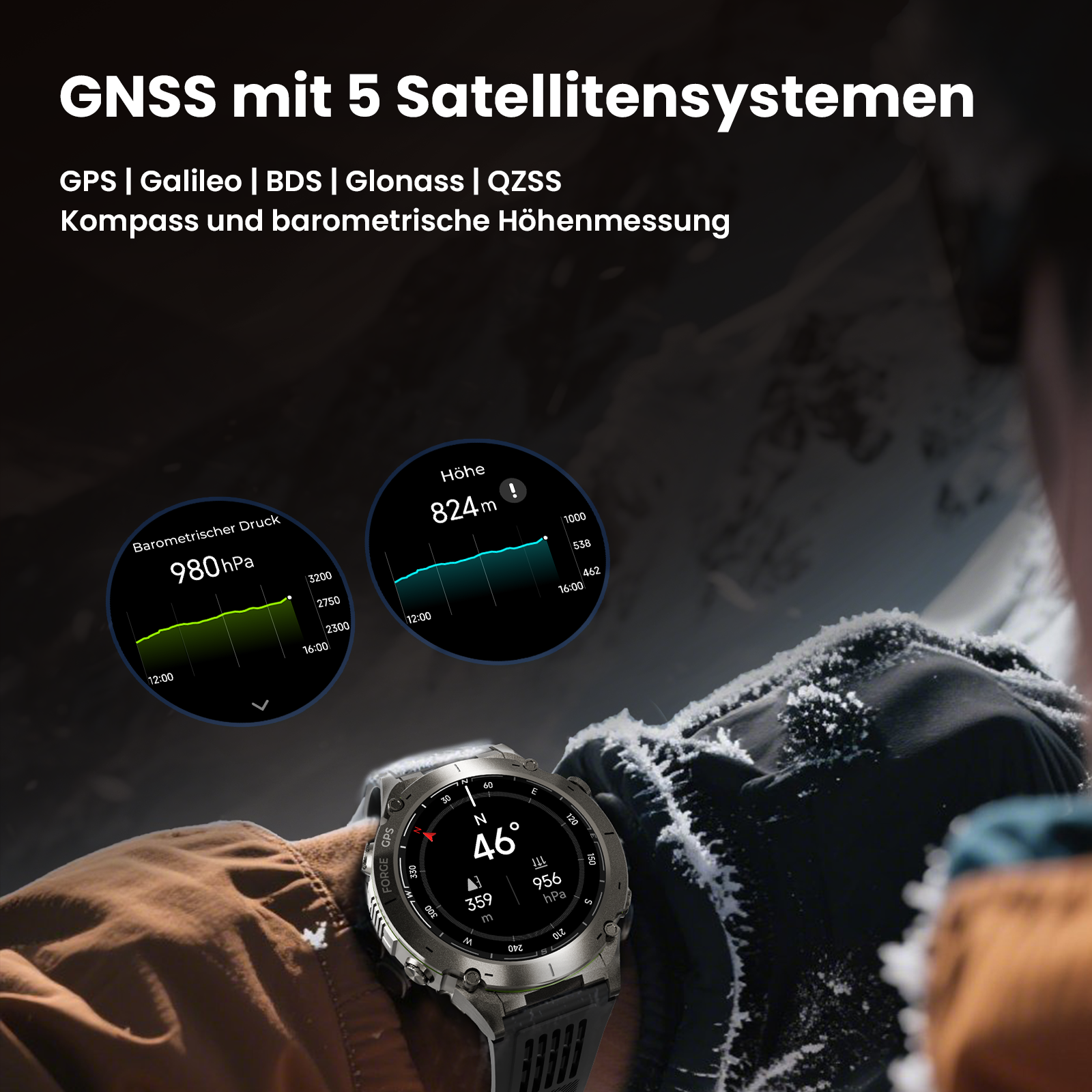 Smartwatch zeigt Höhe und Kompass. Zeigt barometrischen Druck und GPS-Daten. Text auf Deutsch, verschneite Szene.
