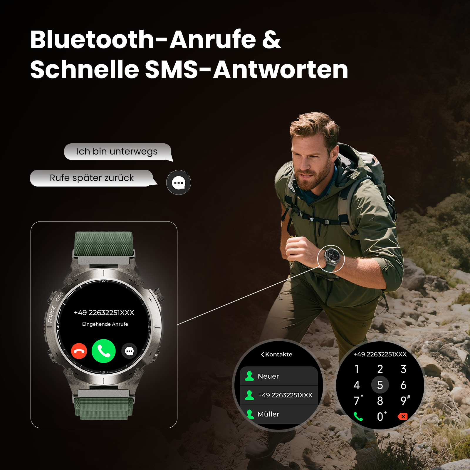 Mann wandert, Smartwatch zeigt Anruf- und Kontaktoptionen. Text auf Deutsch. Grünes Armband. Dunkler Hintergrund.