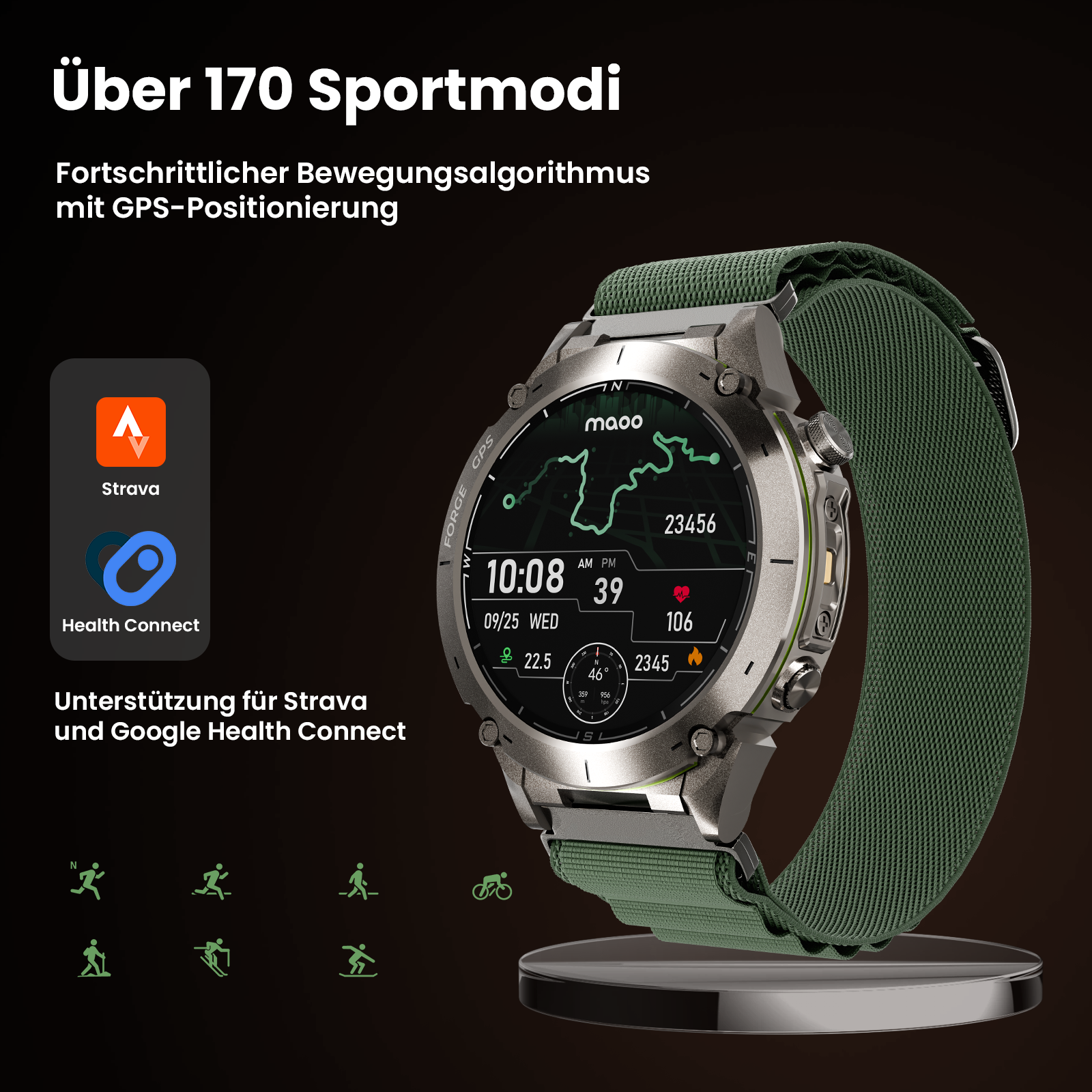 Smartwatch auf einem Ständer. Zeigt Zeit, Statistiken und Strava- und Health Connect-Logos. Text auf Deutsch, grünes Armband.