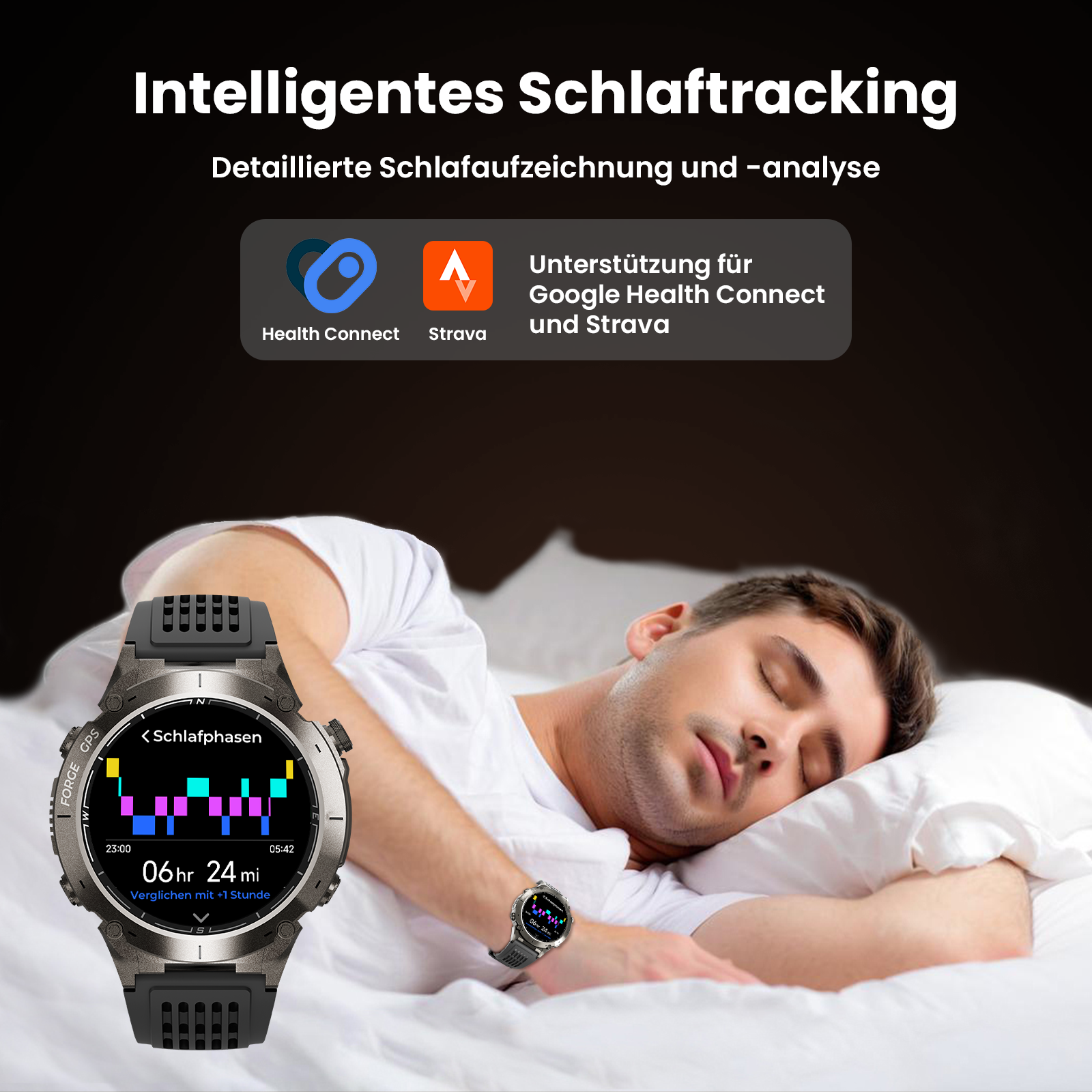 Mann schläft mit Smartwatch. Zeigt Schlafphasen. Health Connect und Strava Logos. Text auf Deutsch, dunkler Hintergrund.