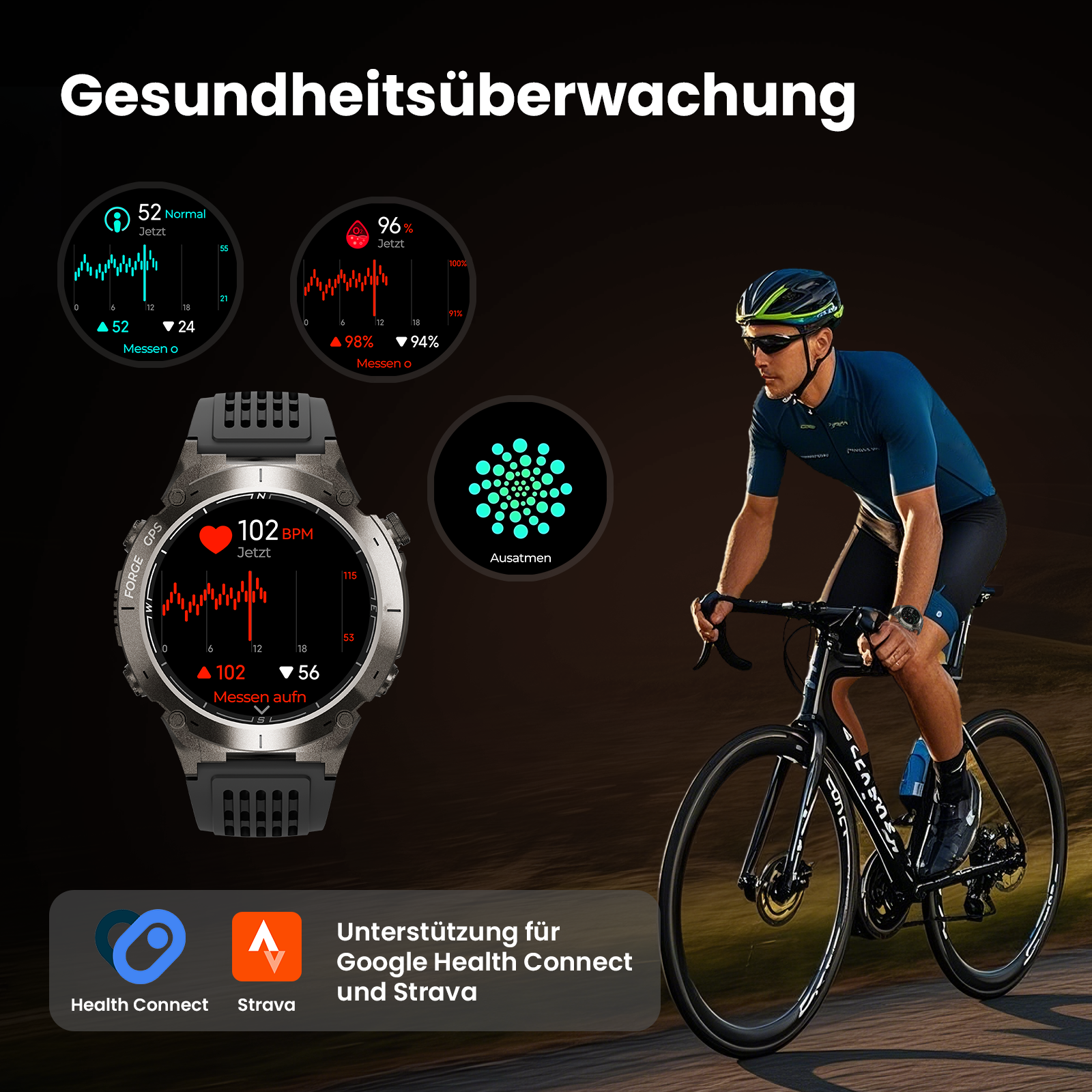 Mann fährt Fahrrad, Smartwatch zeigt Gesundheitsdaten. Zeigt Herzfrequenz, Normalwerte und Sauerstoffgehalt. Health Connect, Strava.