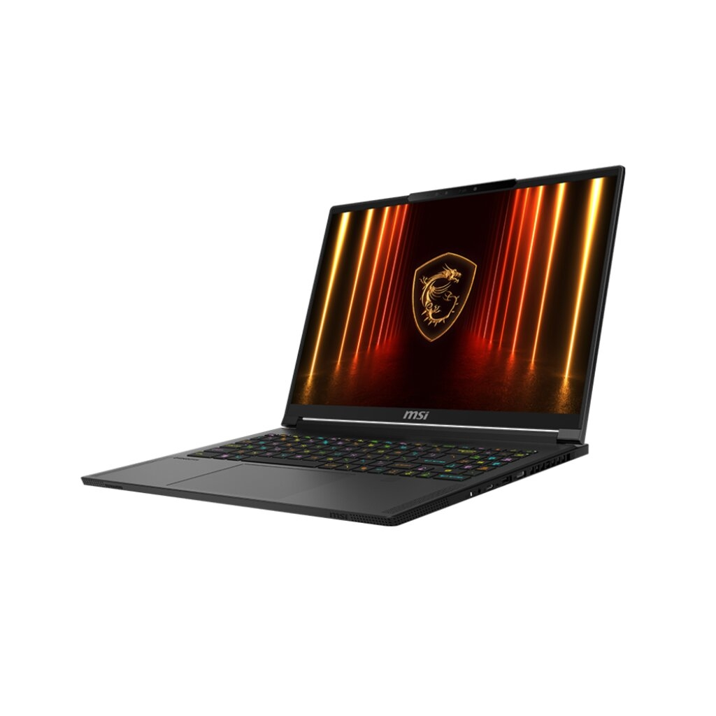 Laptop MSI, nero, aperto. Schermo mostra immagine astratta colorata. Tastiera visibile, su sfondo bianco.
