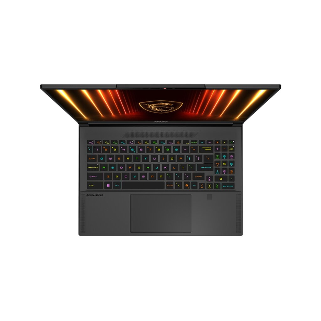 Laptop nero con coperchio aperto. Tastiera illuminata con più colori. Logo MSI e SteelSeries in basso. Sfondo bianco.