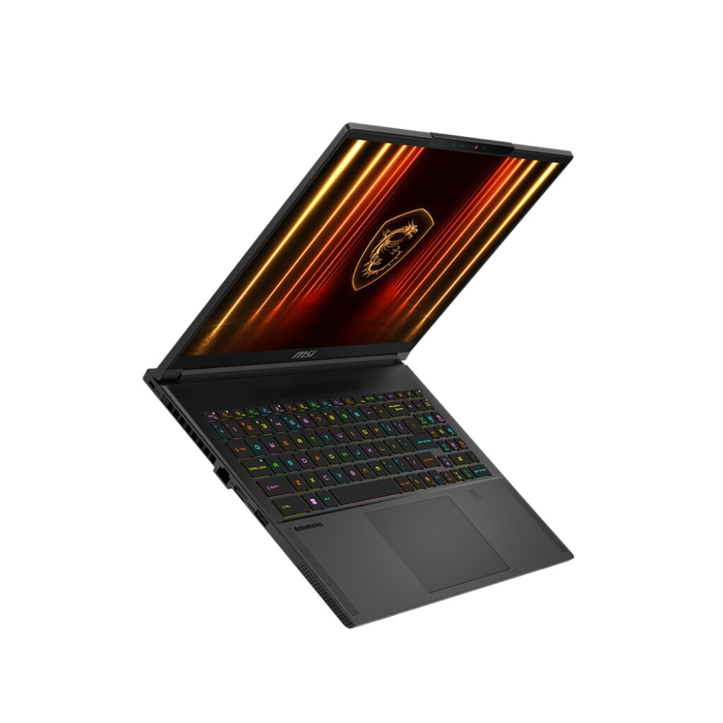Laptop nero, aperto ad angolo. Tastiera illuminata con più colori. Logo MSI sullo schermo. Sfondo bianco.