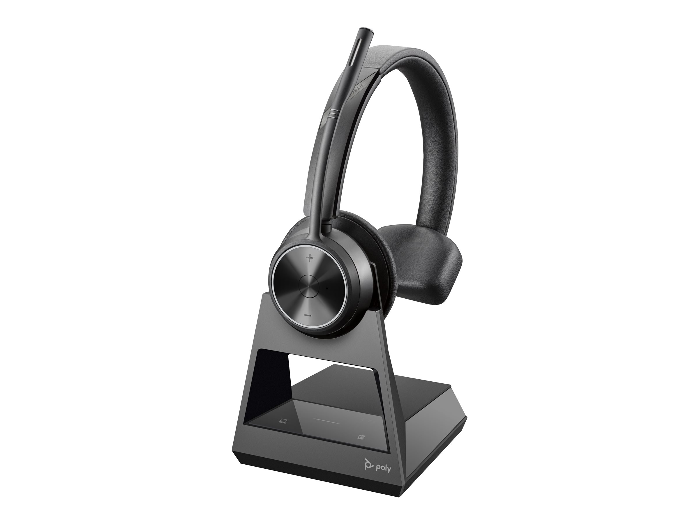 Auriculares negros con base de carga. El auricular tiene un micrófono. La base tiene botones. Fondo blanco.
