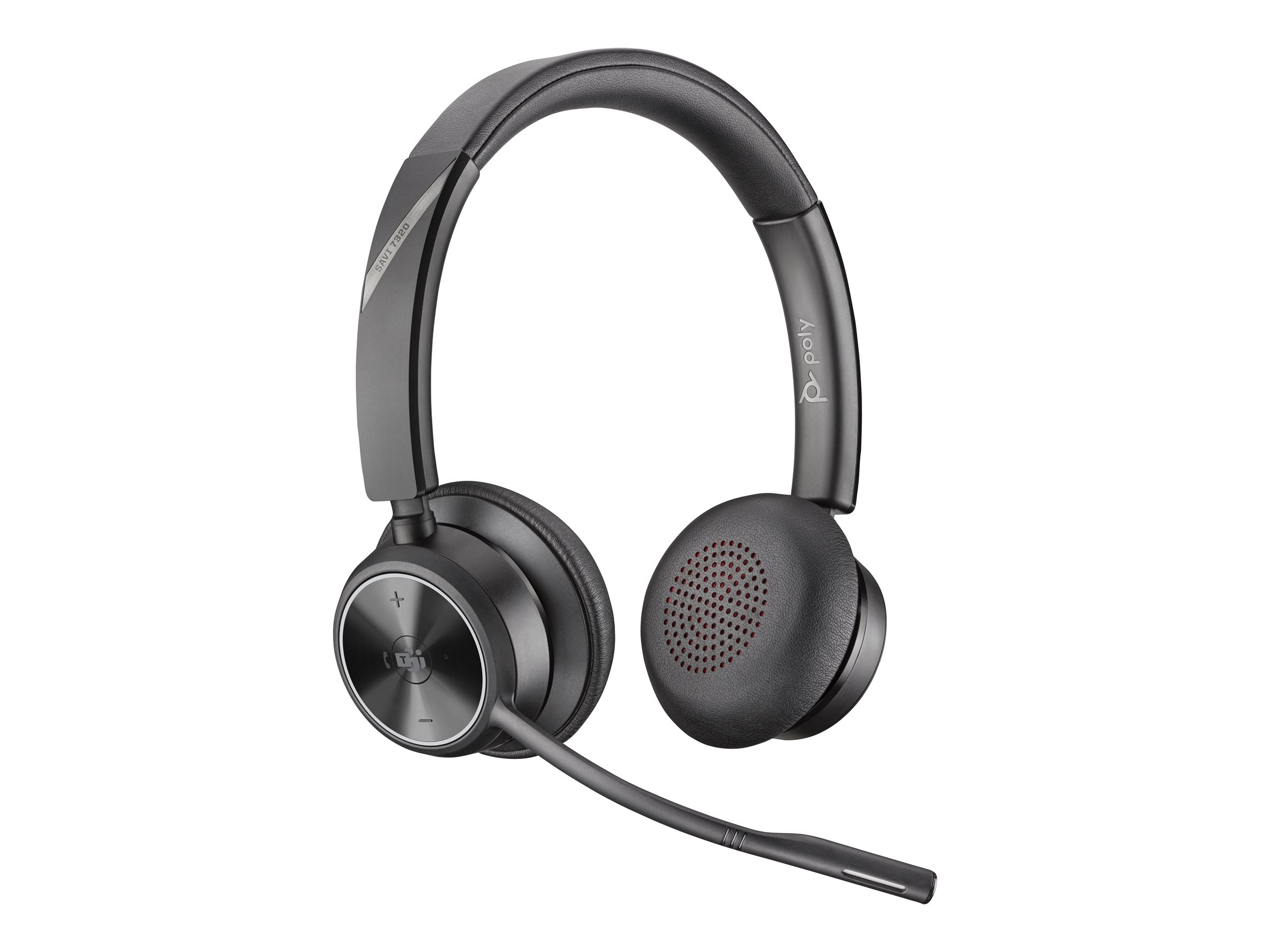 Schwarzes Headset mit rotem Lautsprechergitter und Mikrofon. Das Headset hat ein Kopfband. Weißer Hintergrund.