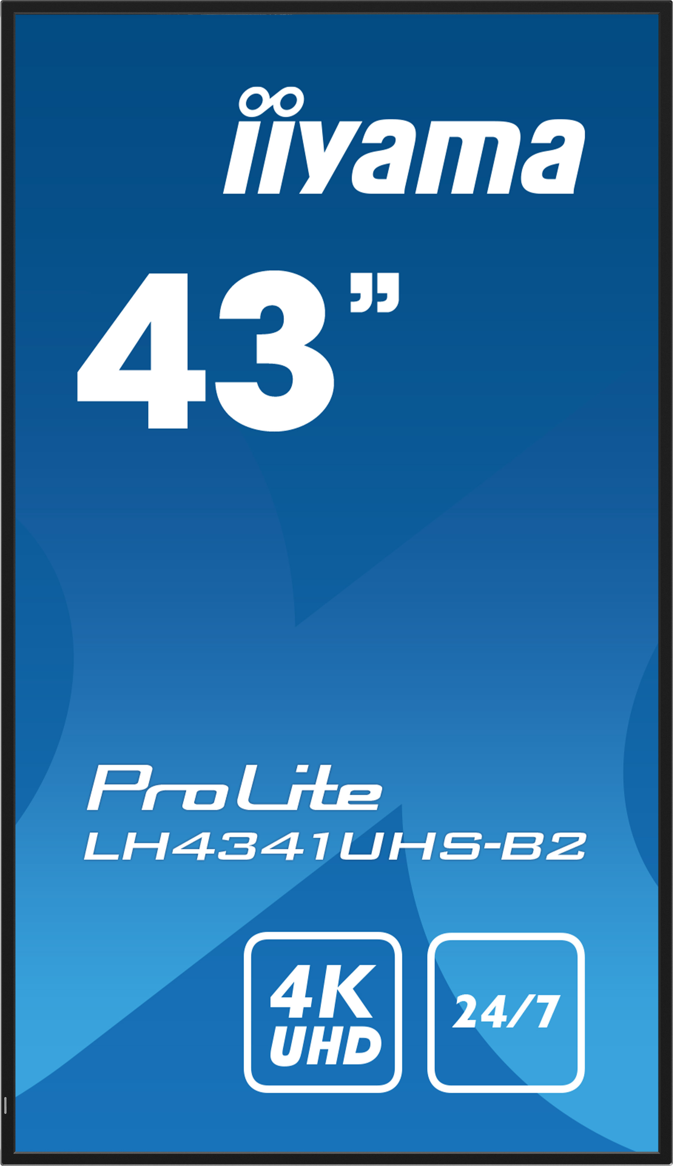 Niebieskie tło z białym tekstem: logo 'iiyama', '43"', 'ProLite', 'LH4341UHS-B2', ikony '4K UHD' i '24/7'.