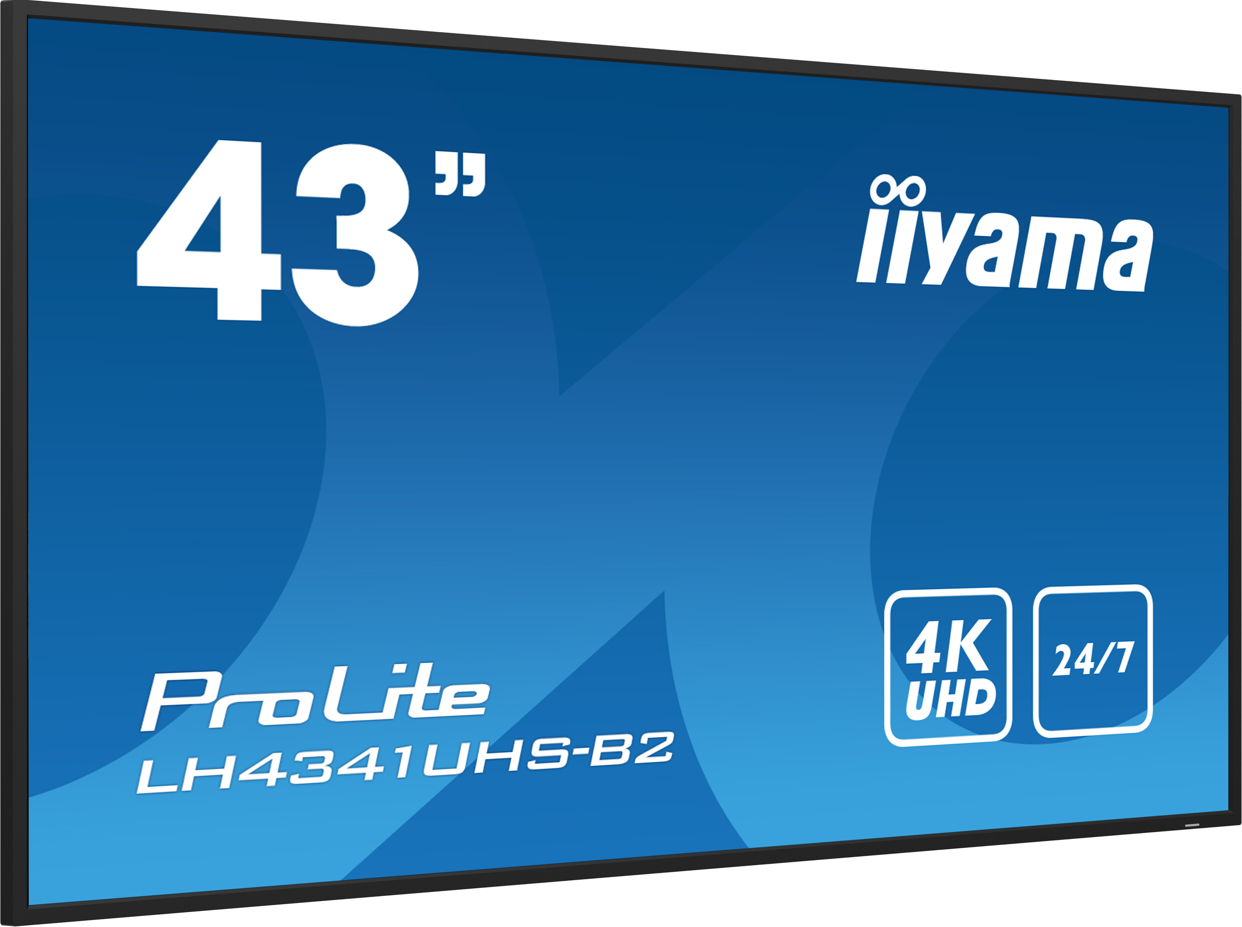 43-calowy wyświetlacz iiyama z niebieskim tłem, biały tekst: 'iiyama', '43"', 'ProLite', '4K UHD' i '24/7'.