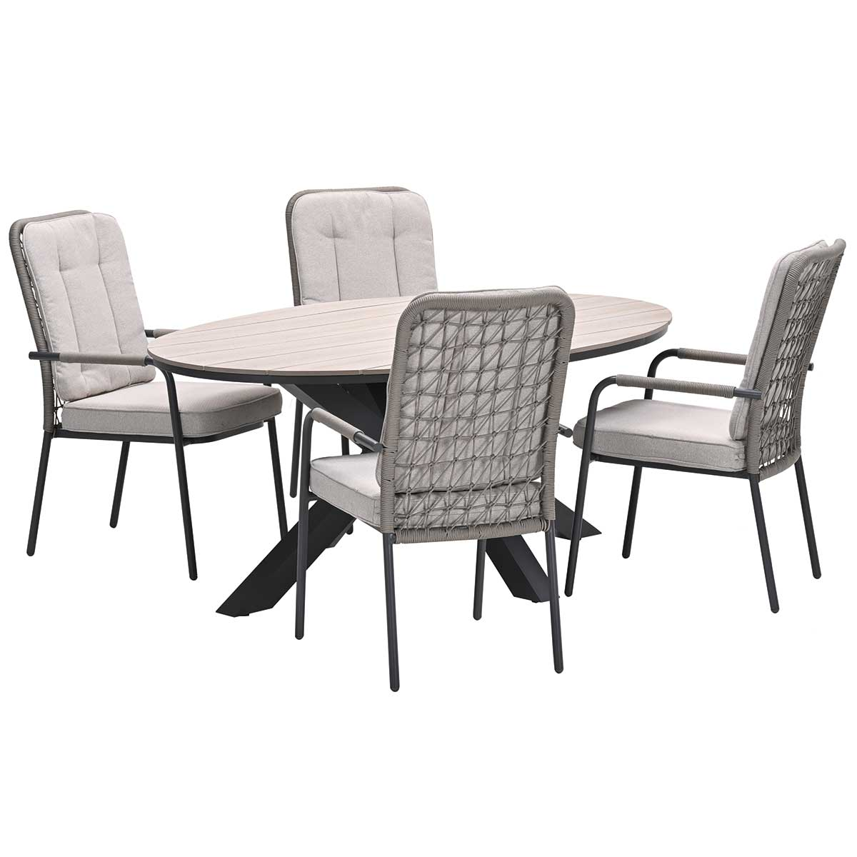 Outdoor dining set. Oval table, four chairs with gray cushions, rope backs. Black frames, light wood table top.
