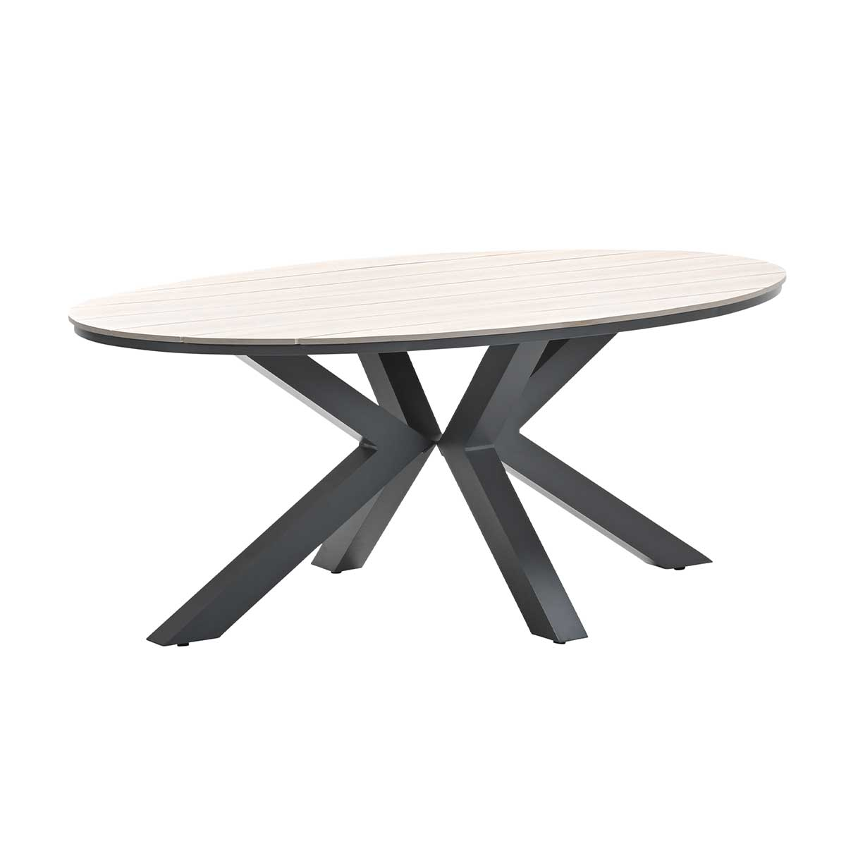Oval outdoor table. Light wood top, black frame with cross-shaped legs. Isolated on white background.