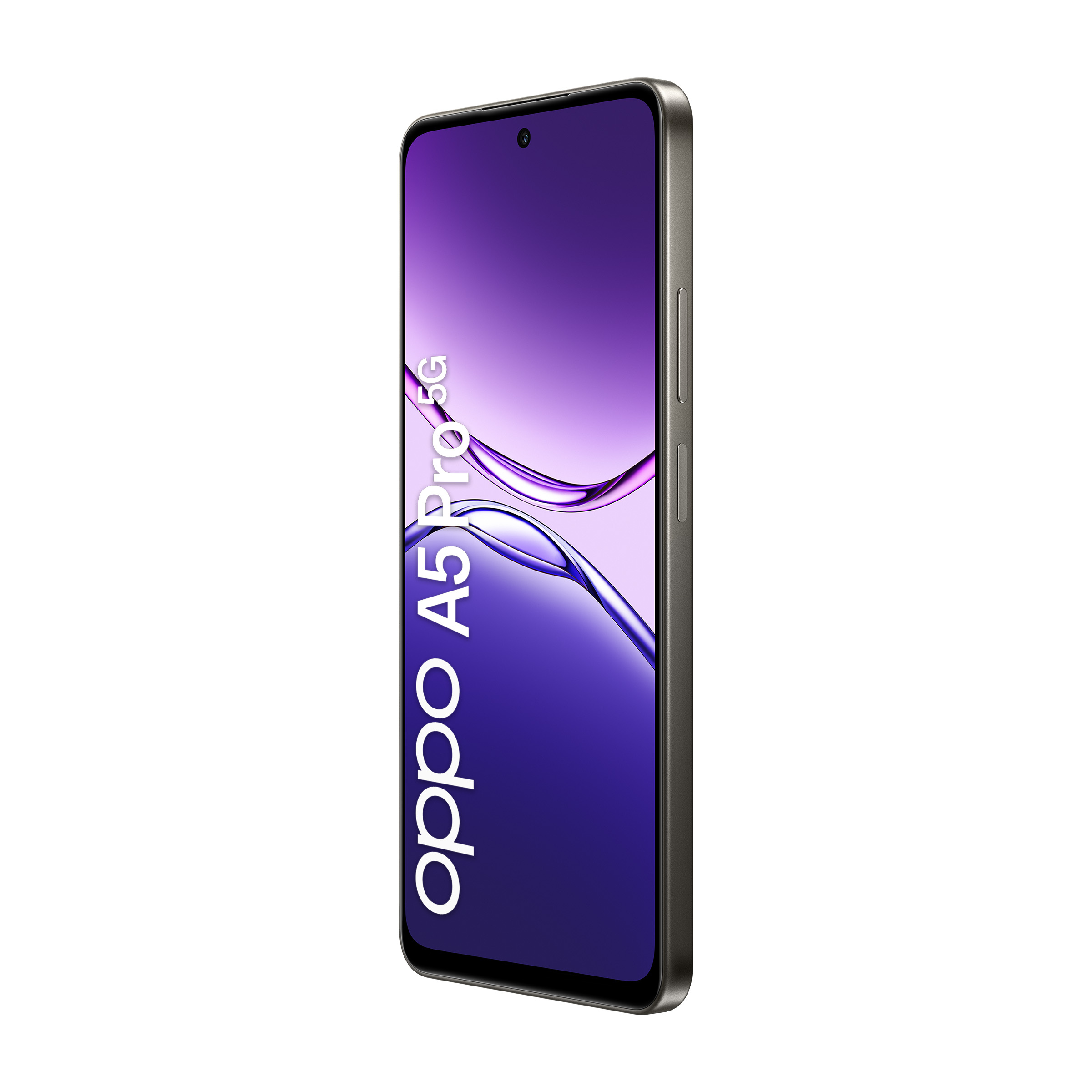 Telefon Oppo A5 Pro 5G, widok pod kątem. Wyświetlacz pokazuje fioletowo-niebieski abstrakcyjny wzór. Telefon czarny ze srebrną ramką.