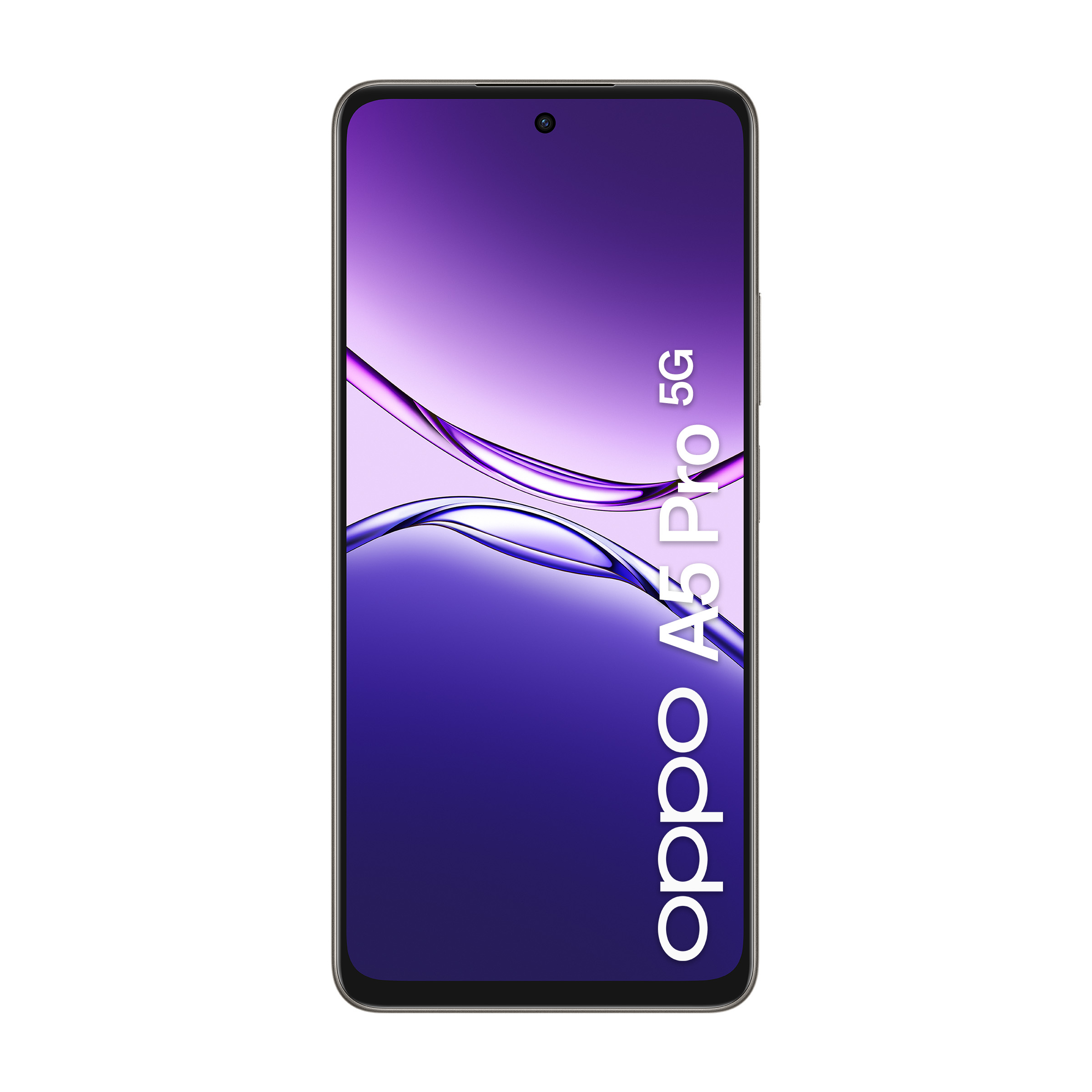 Telefon Oppo A5 Pro 5G, widok z przodu. Wyświetlacz pokazuje fioletowo-niebieski abstrakcyjny wzór. Białe logo Oppo.