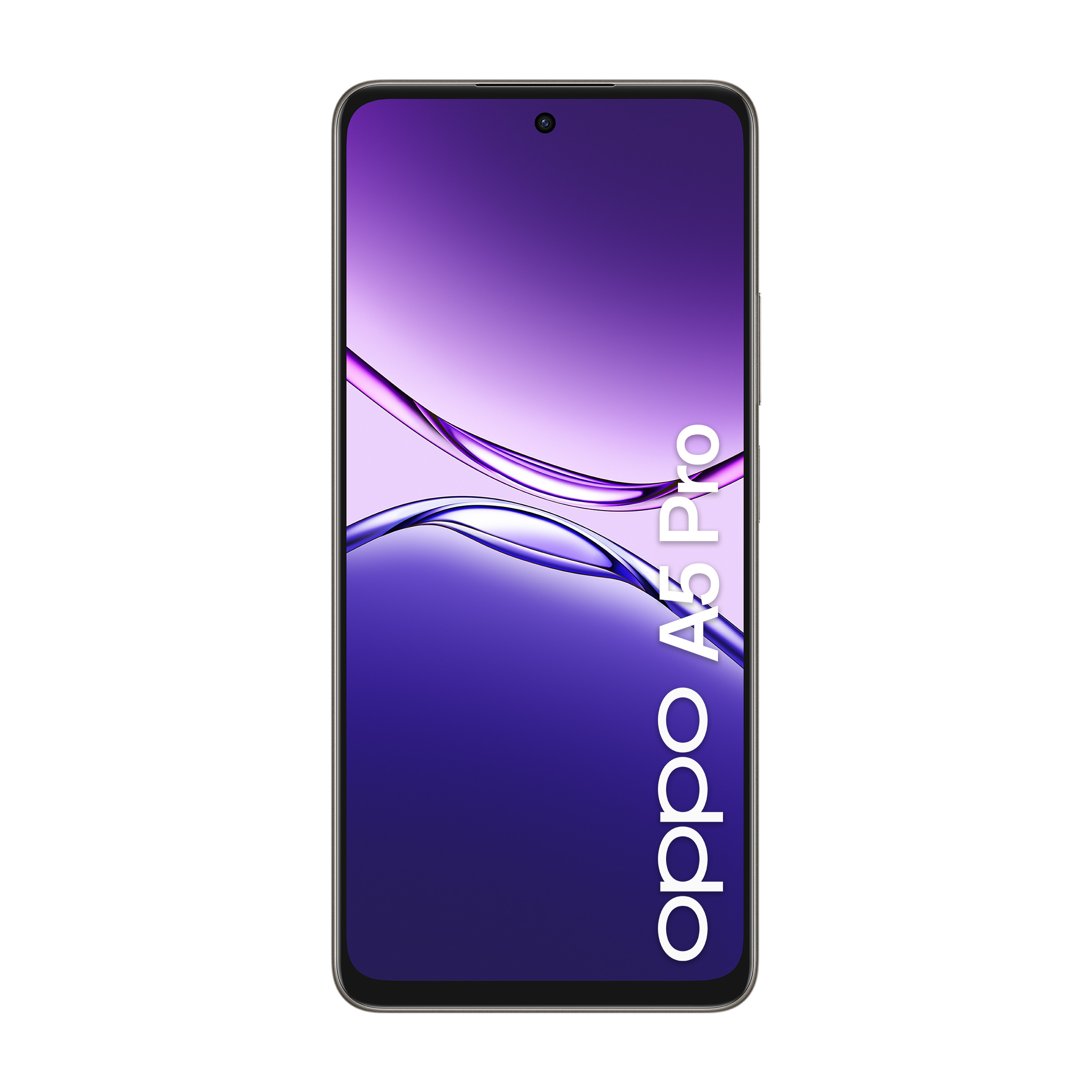 Telefon Oppo A5 Pro z fioletowym ekranem wyświetlającym nazwę marki.