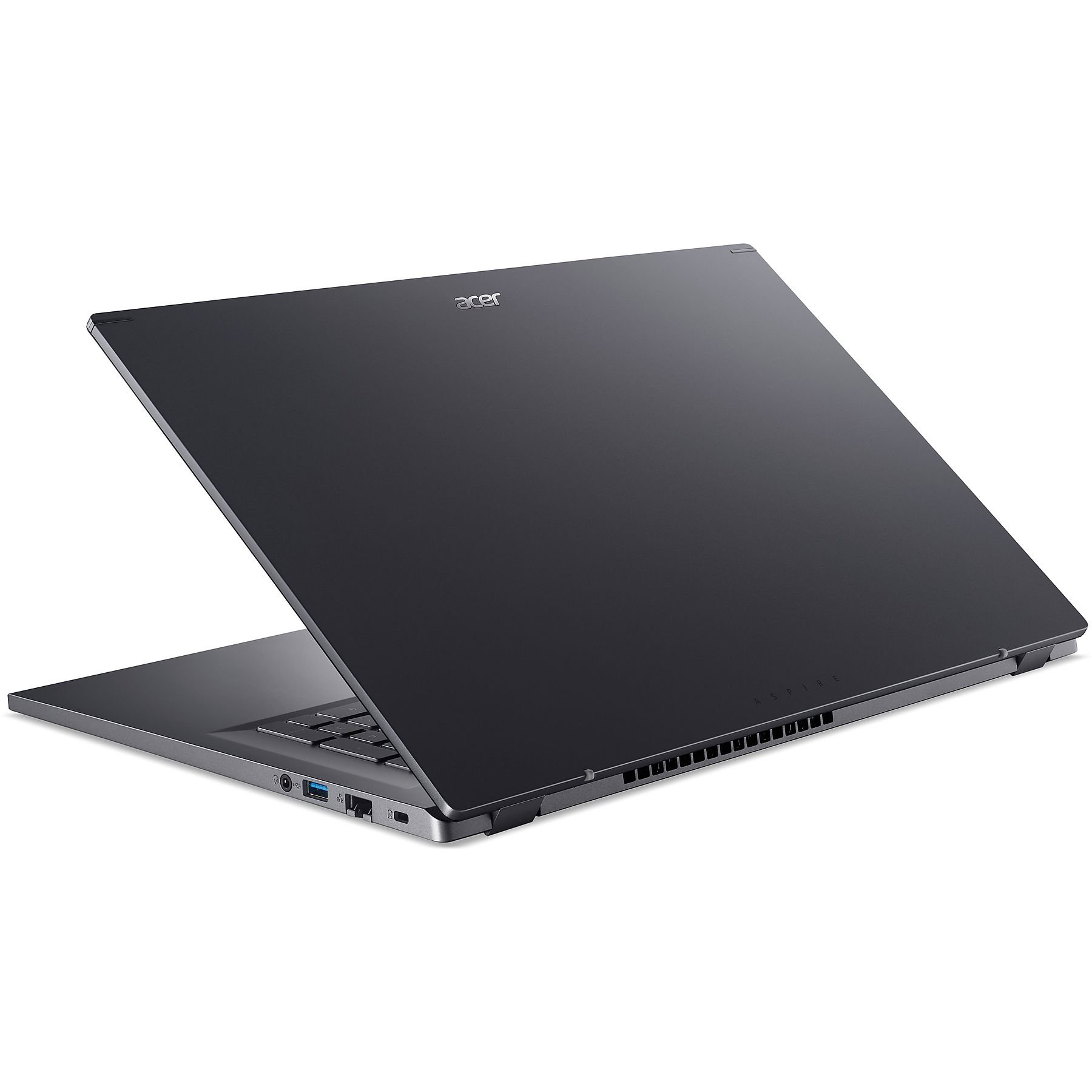 Laptop Acer, vista dall'alto angolata. Copertura grigia, logo Acer. Parzialmente aperto, tastiera visibile.