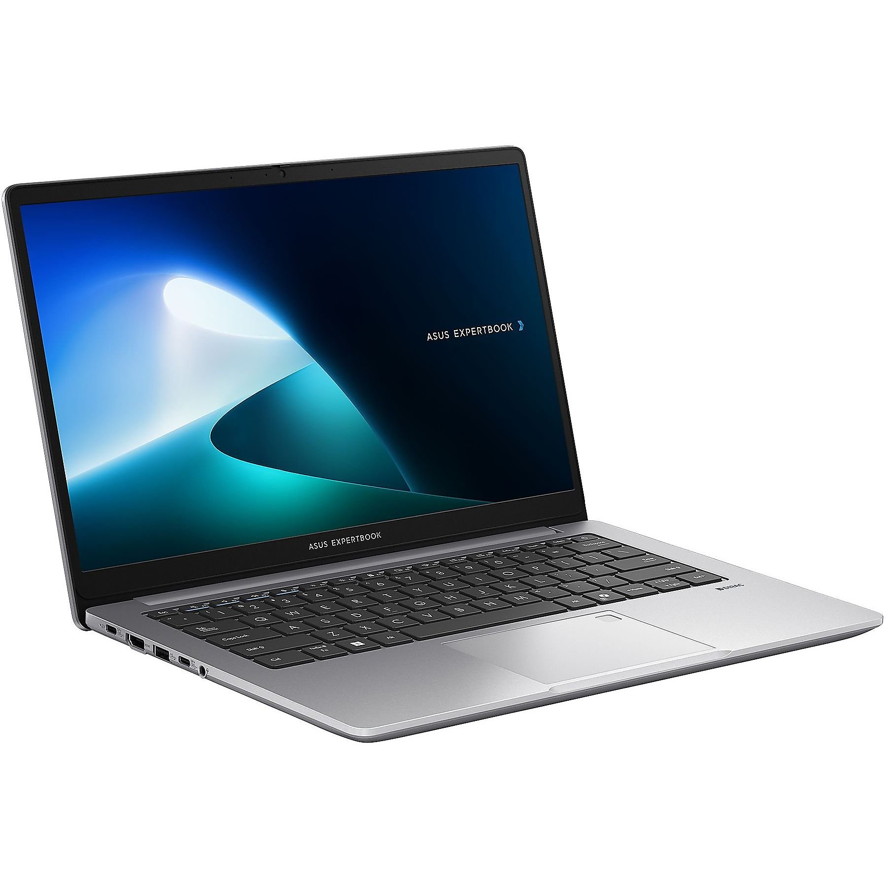 Laptop ASUS ExpertBook argentato, aperto. Vista angolata del laptop aperto, che mostra la tastiera e lo schermo.