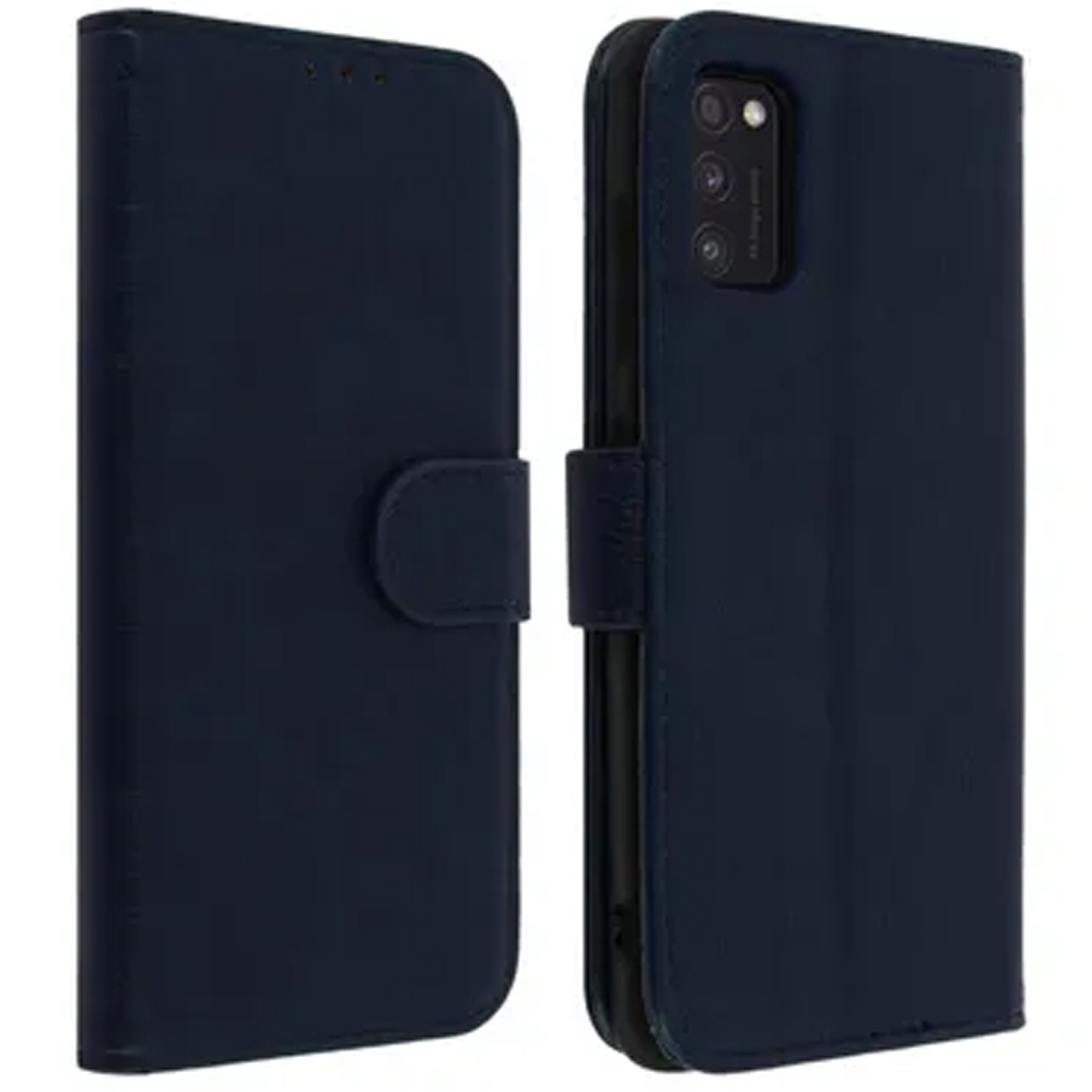 Marineblauwe telefoonhoes, gesloten en open. De open hoes toont een telefoon en een camera-opstelling aan de achterkant.