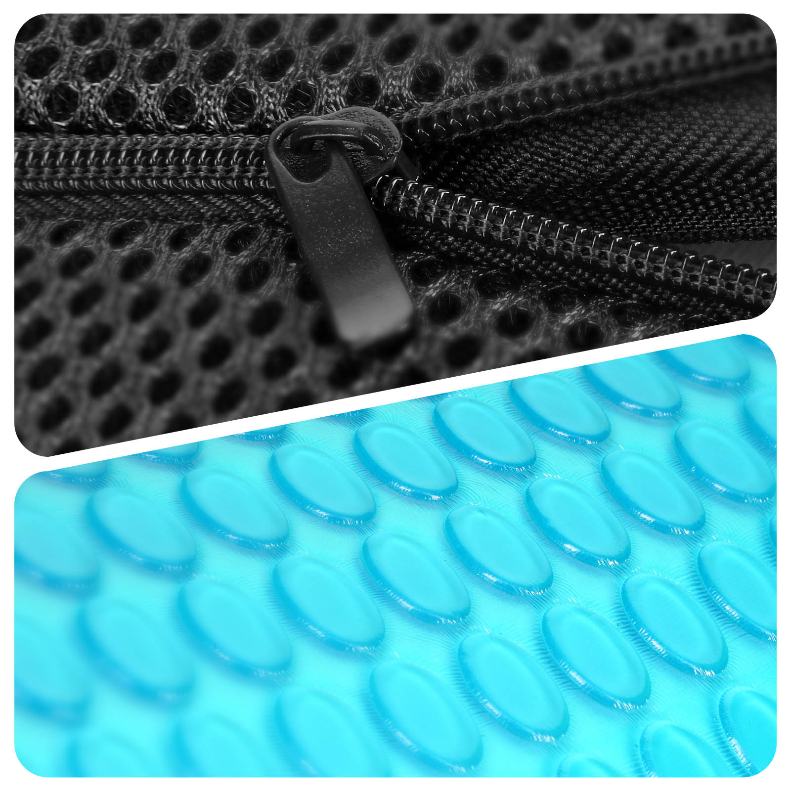 Nahaufnahme eines Reißverschlusses auf schwarzem Mesh. Darunter eine blaue, strukturierte Oberfläche mit kleinen, kreisförmigen Erhebungen.