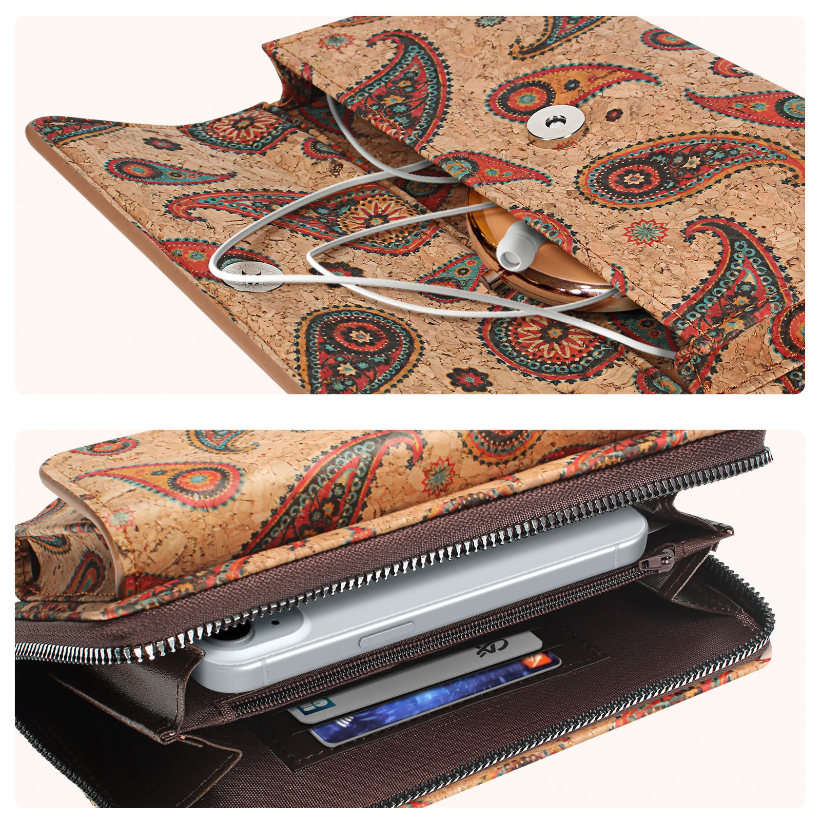 Kork-Geldbörse mit Paisley-Muster, mit Telefon, Karten und Kopfhörern. Innen, ein Telefon und Karten. Braune Lederausstattung.