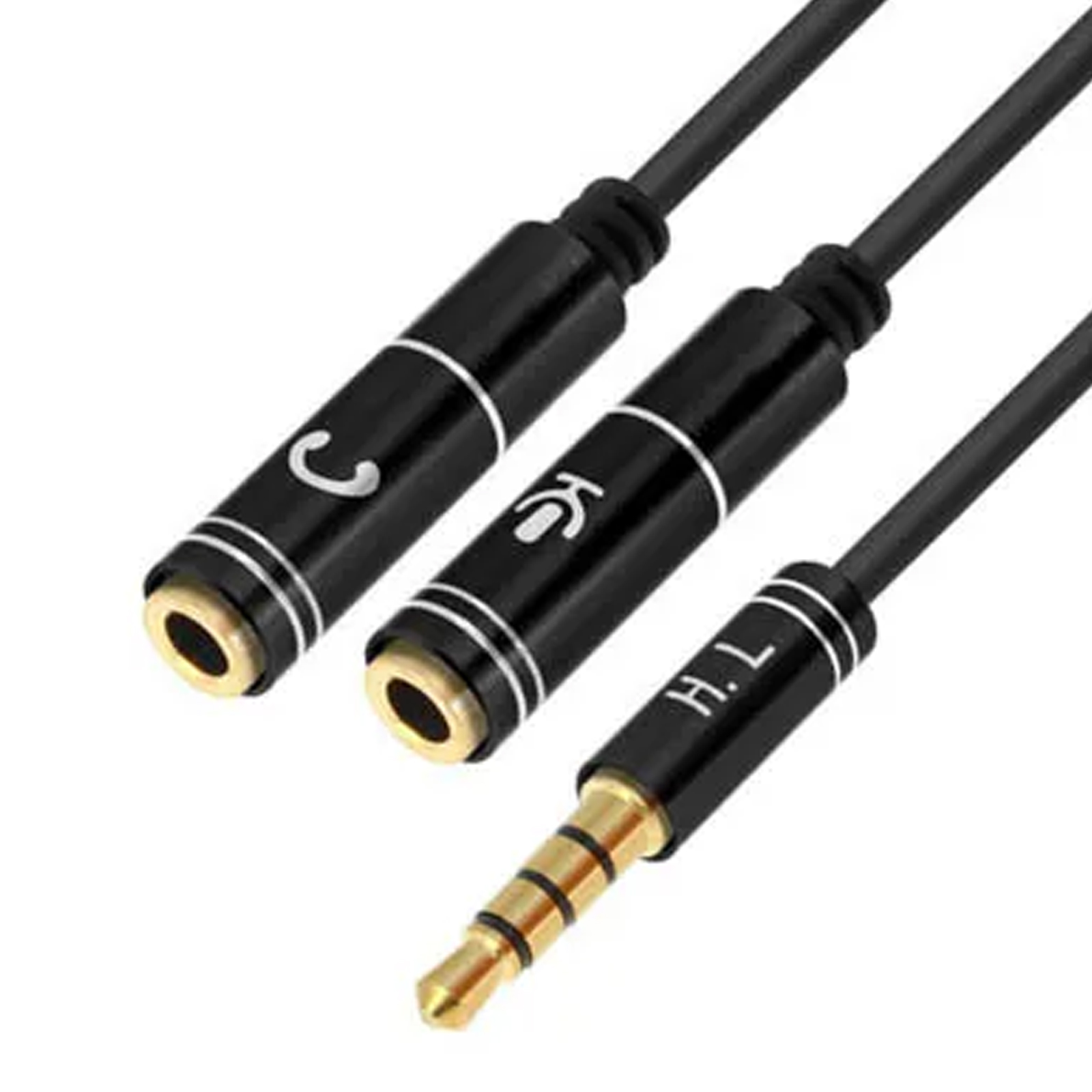 Sdoppiatore audio nero con jack da 3,5 mm. Due porte femmina con 'C' e 'KC' e un jack maschio dorato.