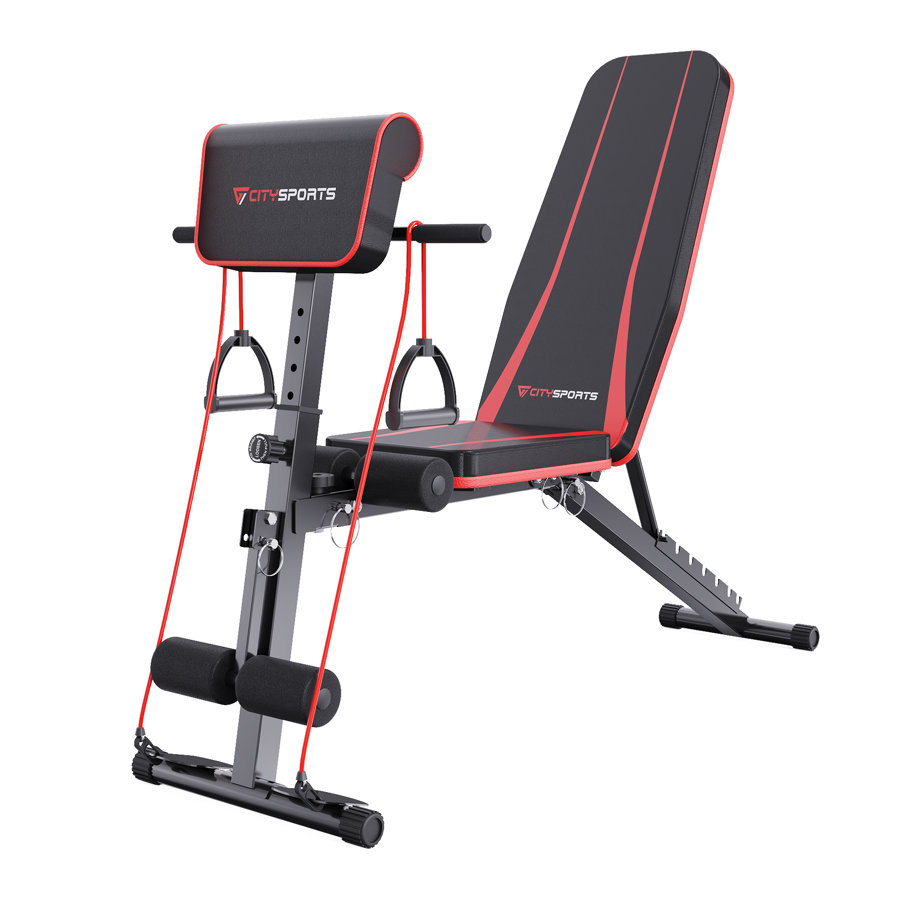 Czarna i czerwona ławka do ćwiczeń z taśmami oporowymi. Regulowane oparcie i podpory nóg. Przeznaczona do treningów w domu.