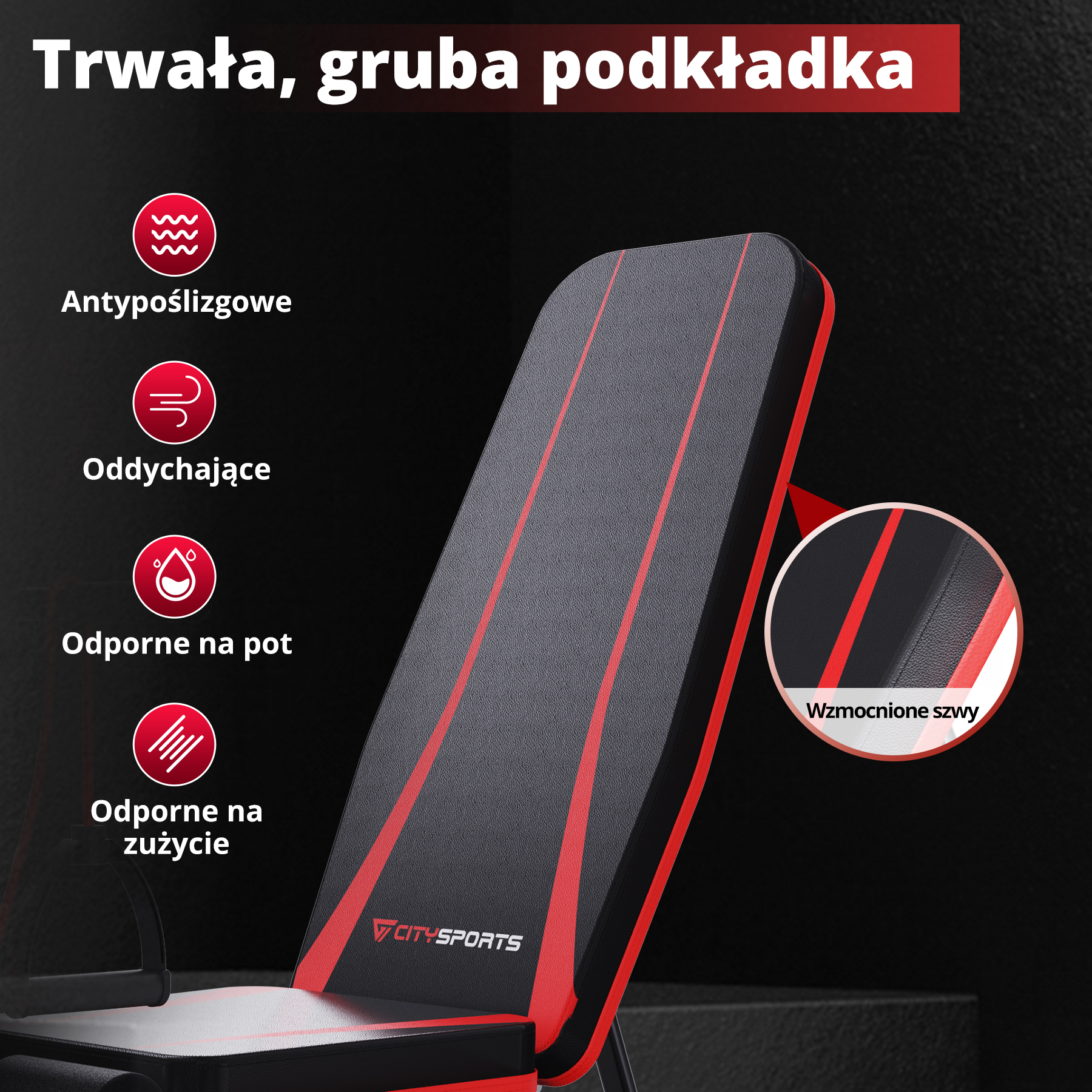 Zbliżenie oparcia ławki do ćwiczeń. Pokazuje materiały i cechy takie jak antypoślizgowe, oddychające, odporne na pot i zużycie.
