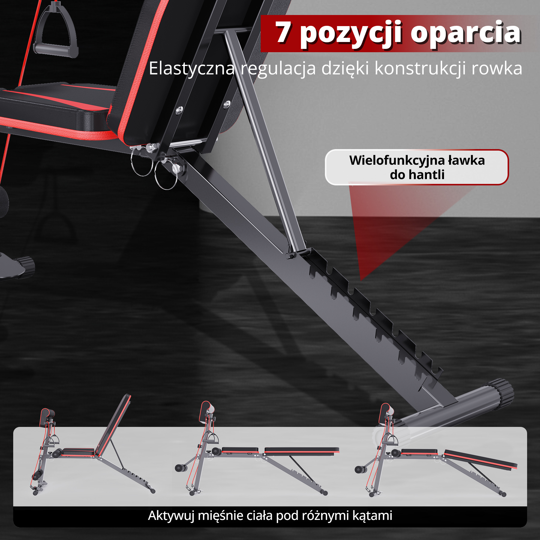 Zbliżenie regulowanej ławki do ćwiczeń. Pokazuje szczegółowy widok regulowanych pozycji i konstrukcji z grafiką.