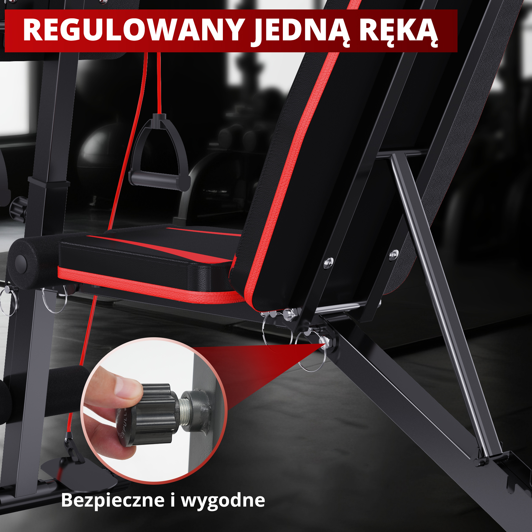 Zbliżenie mechanizmu regulacji ławki do ćwiczeń. Pokazuje rękę regulującą mechanizm z czerwoną strzałką wskazującą na niego.