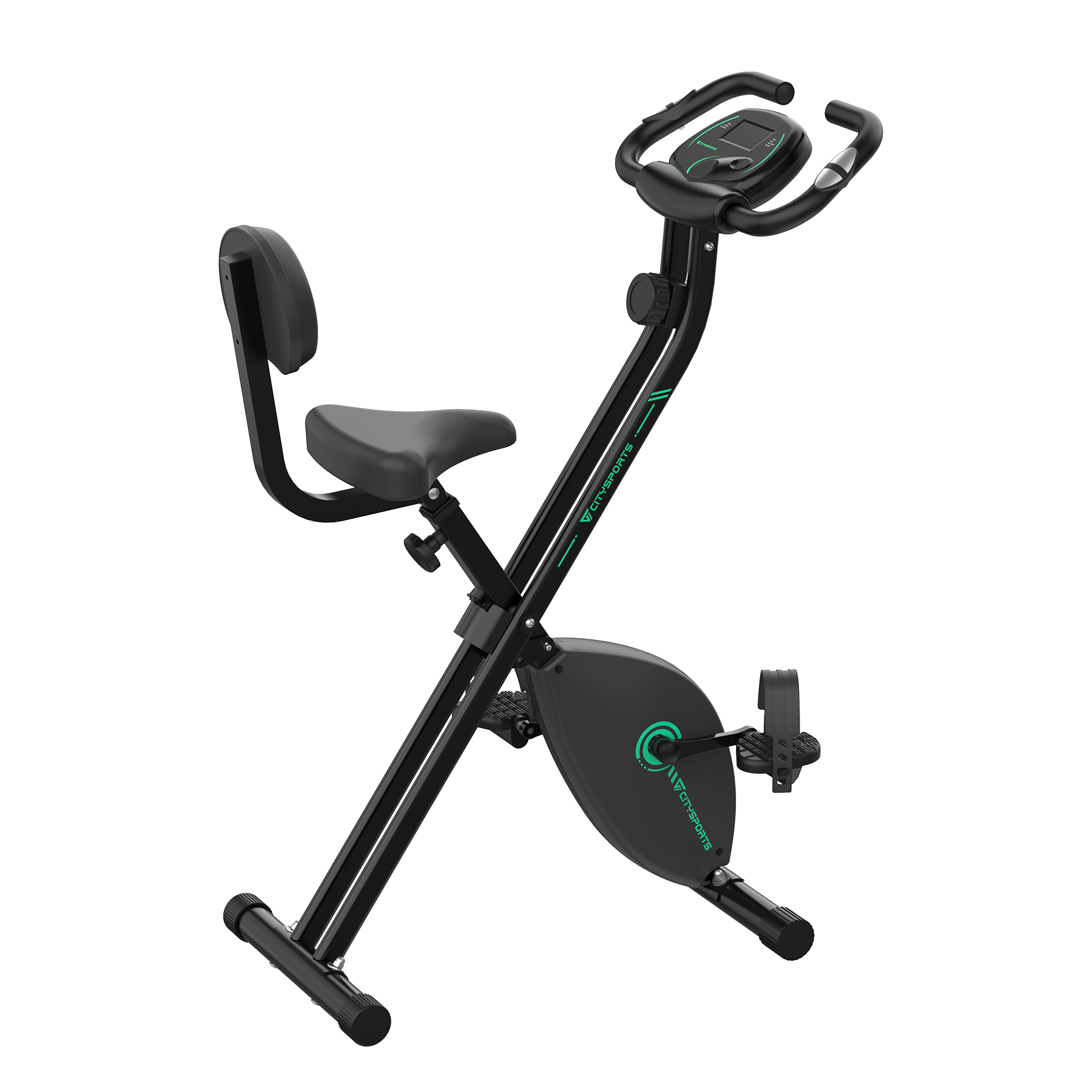 Czarny rower treningowy z siedzeniem, oparciem i kierownicą. Rower stoi na białym tle.