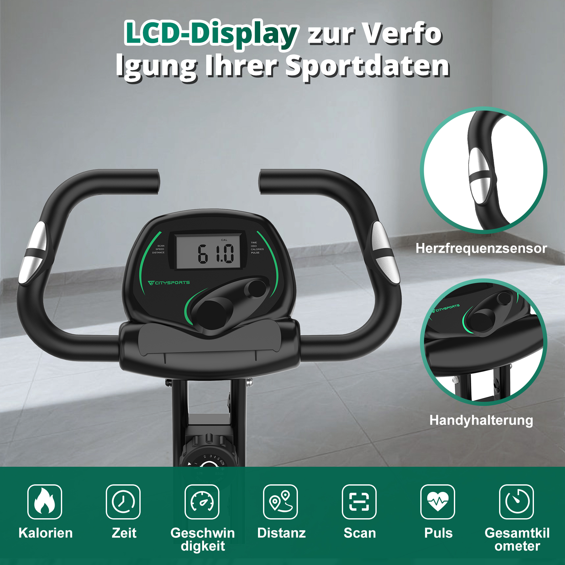 Nahaufnahme der Konsole des Heimtrainers mit LCD-Anzeige und Funktionen wie Kalorien, Zeit und Distanz.