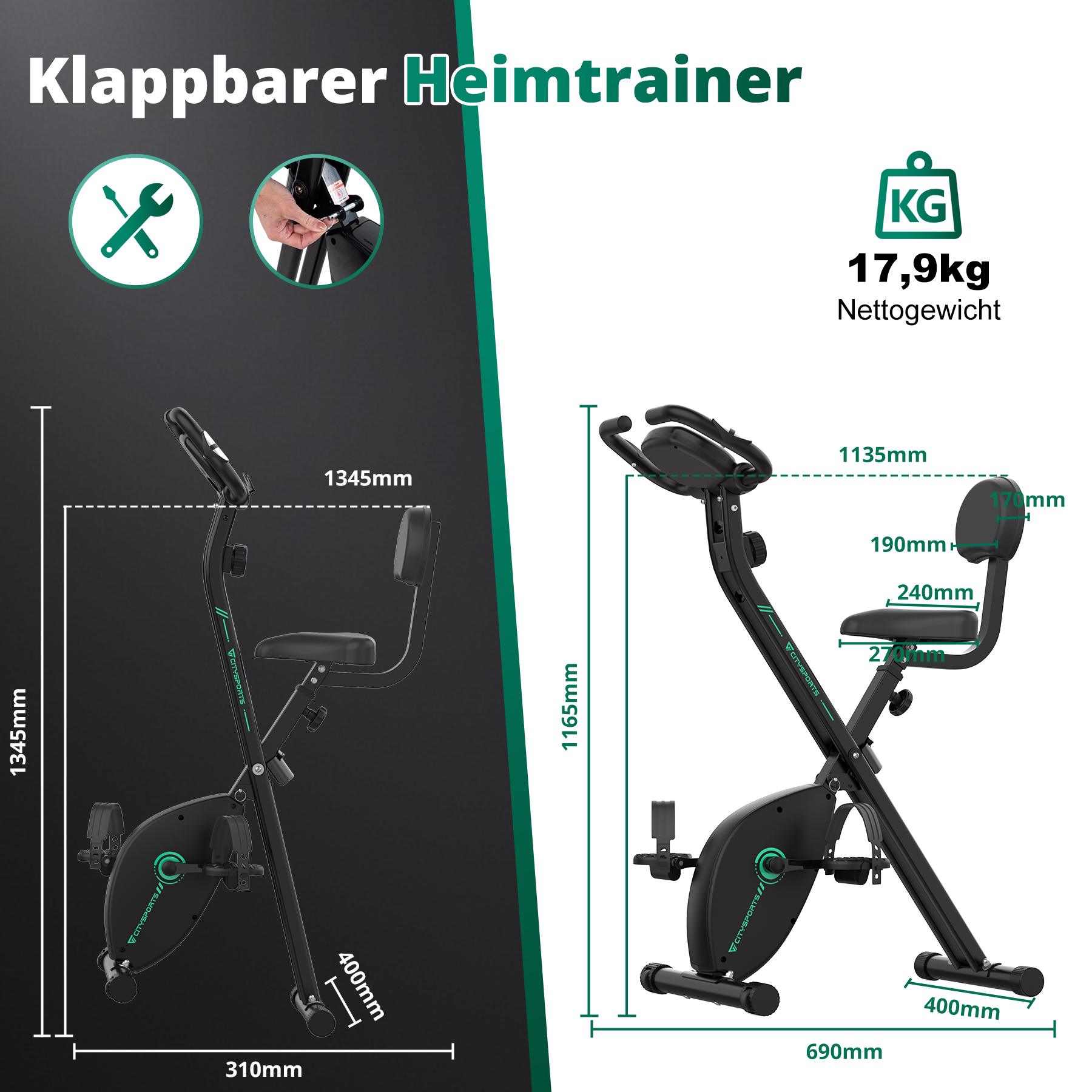 Abmessungen des Heimtrainers mit Messungen. Das Fahrrad ist zum Verstauen zusammenklappbar, Nettogewicht 17,9 kg.
