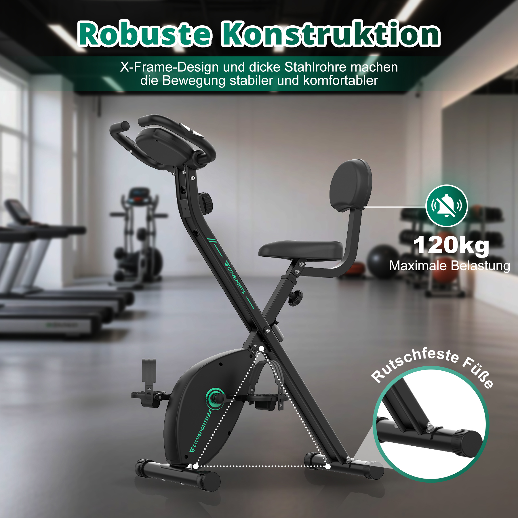 Heimtrainer in einem Fitnessstudio, mit Text, der die robuste Konstruktion und die maximale Tragfähigkeit von 120 kg beschreibt.