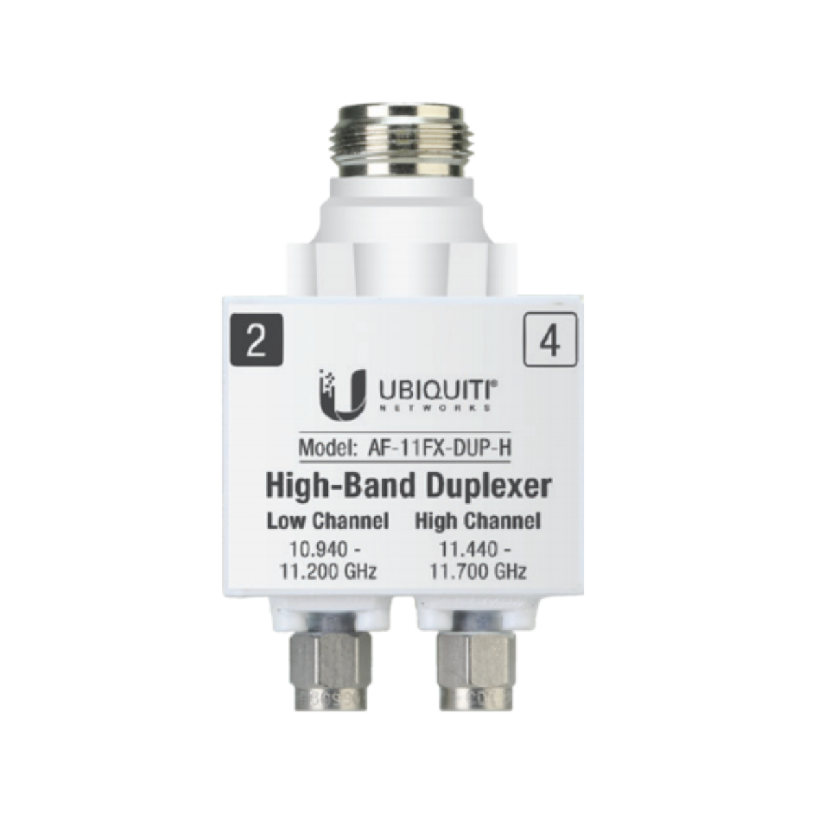 Dispositivo Ubiquiti High-Band Duplexer bianco con connettori argentati ed etichette testuali, su sfondo bianco.