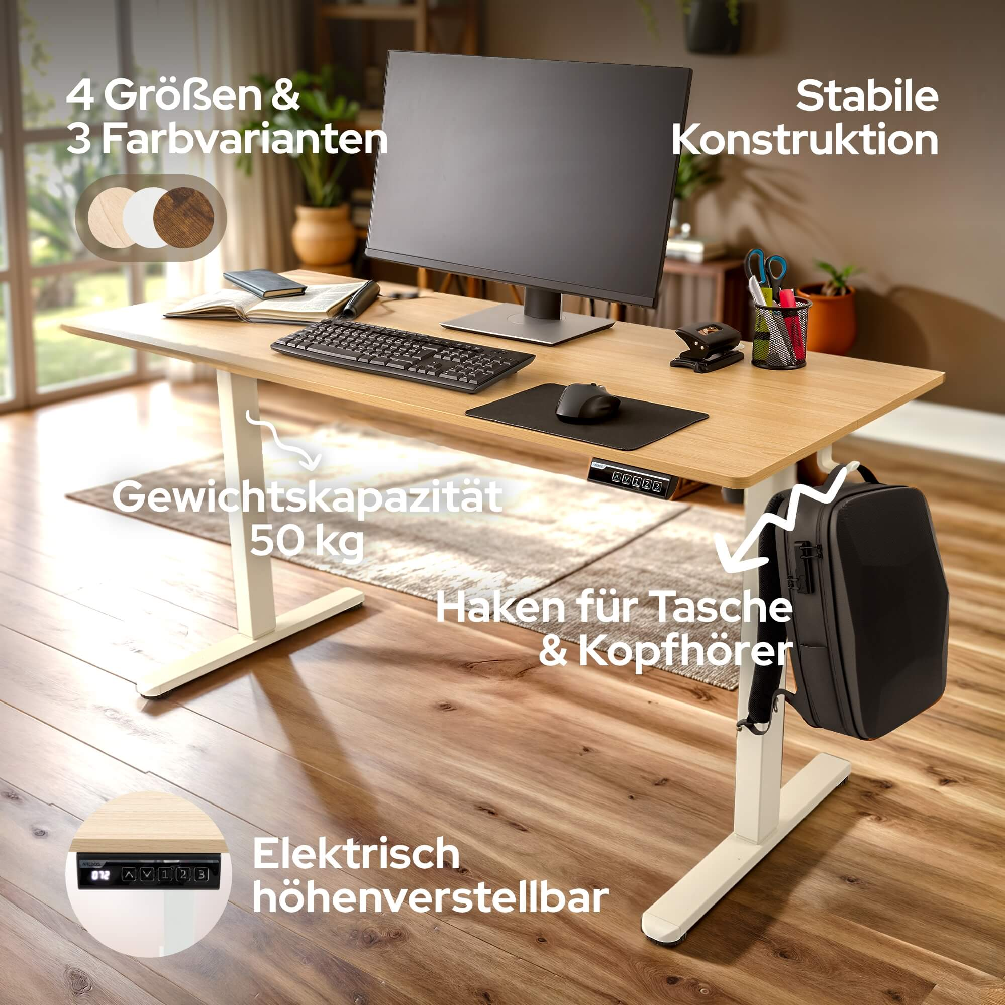 Stehpult mit Monitor, Tastatur und Zubehör. Zu den Merkmalen gehören Höhenverstellung, Haken für Taschen und Gewichtskapazität.