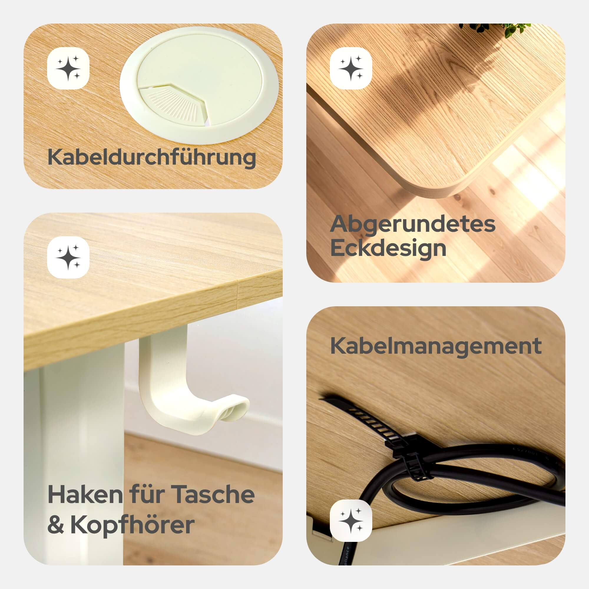 Nahaufnahmen eines Schreibtisches: Kabelführung, abgerundete Ecke, Kabelloch und ein Haken zum Aufhängen von Gegenständen.