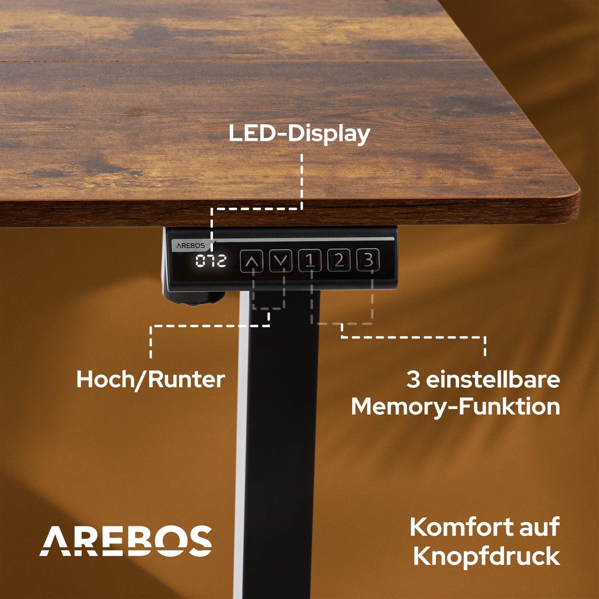 Nahaufnahme des Bedienfelds auf einem Holzschreibtisch. Funktionen umfassen Höhenverstellung und Speichereinstellungen.