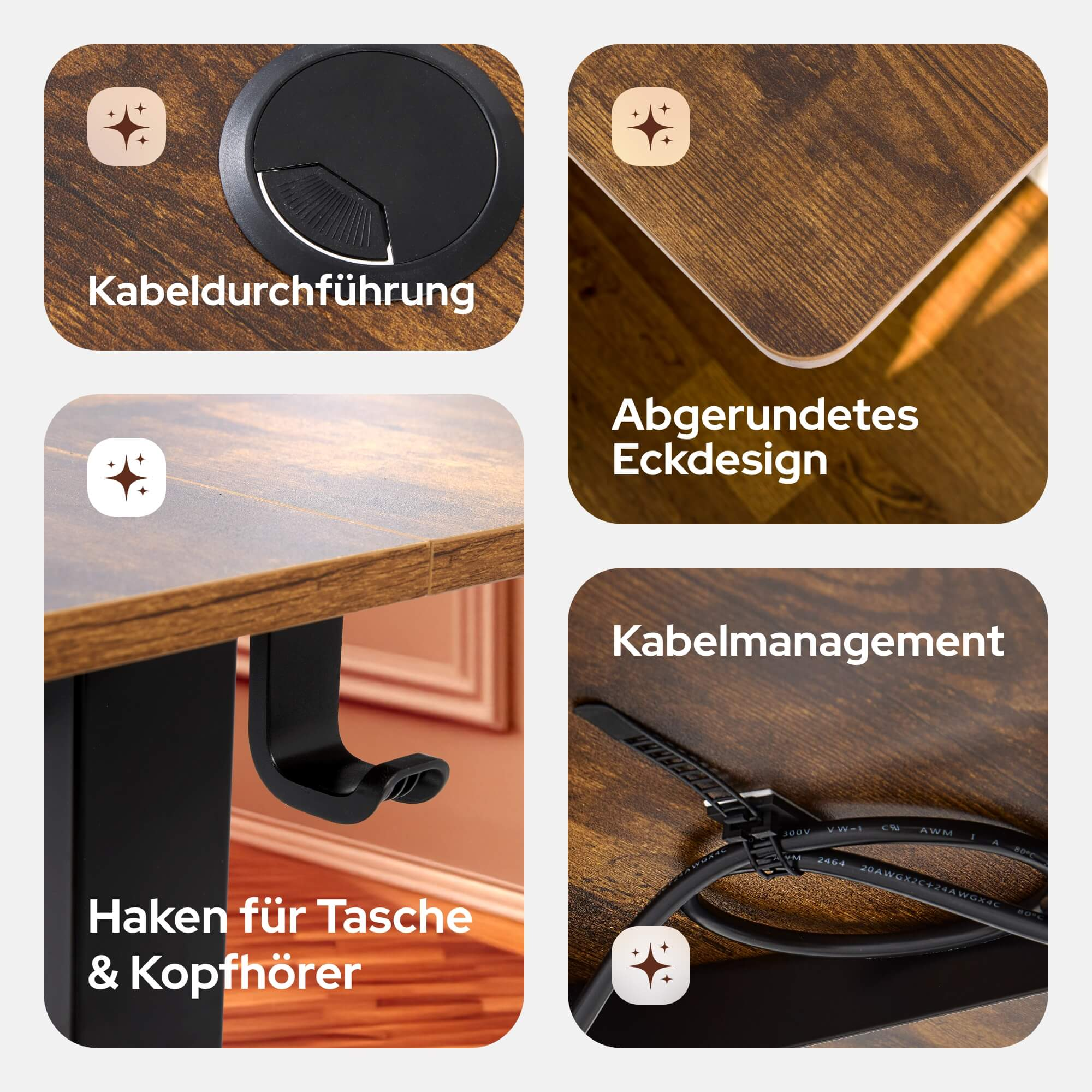 Nahaufnahmen von Schreibtischmerkmalen: Kabelführung, Kabellöcher, abgerundete Ecken, Haken.