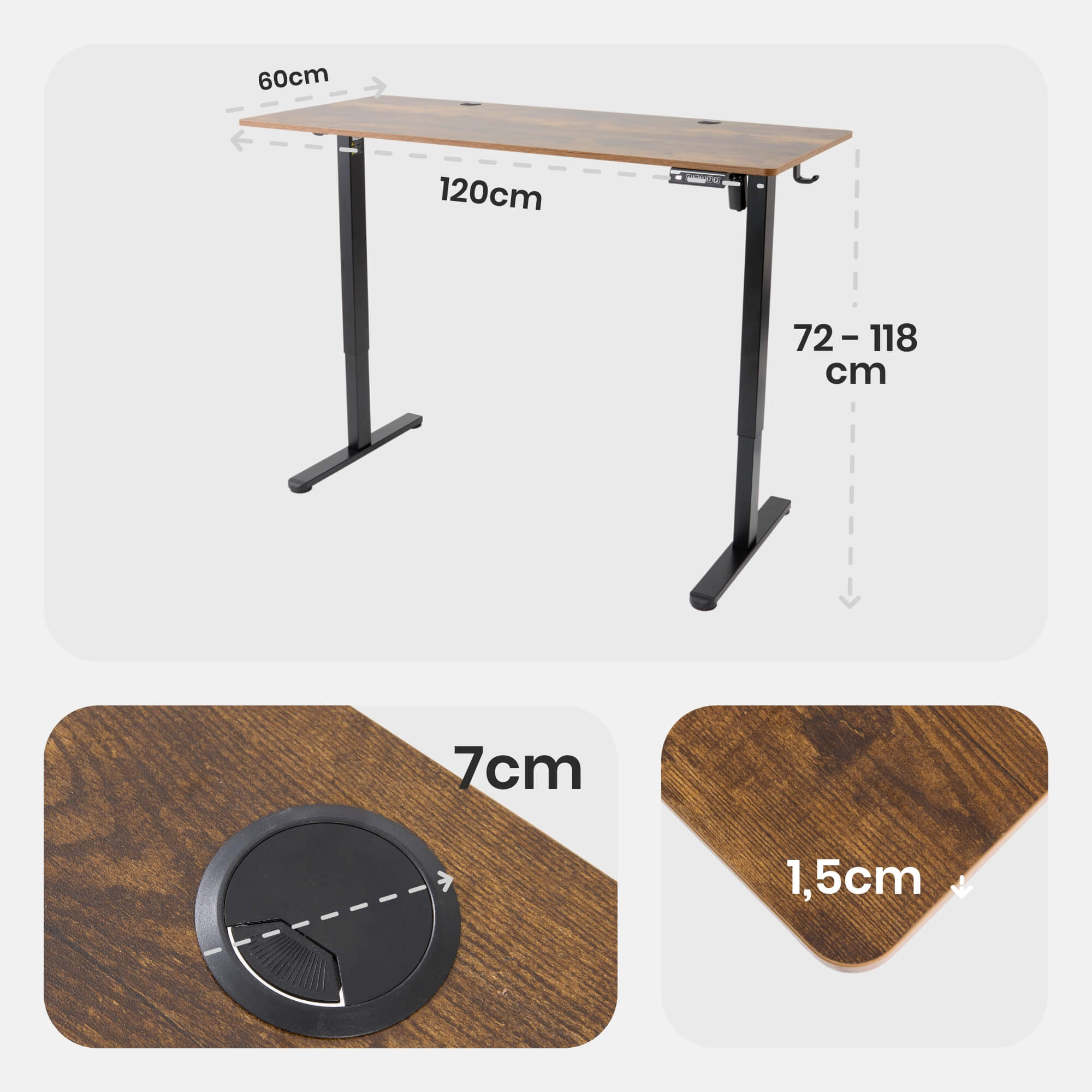 Abmessungen des Schreibtischs: 120cm lang, 60cm breit, höhenverstellbar von 72-118cm und ein Kabelloch.
