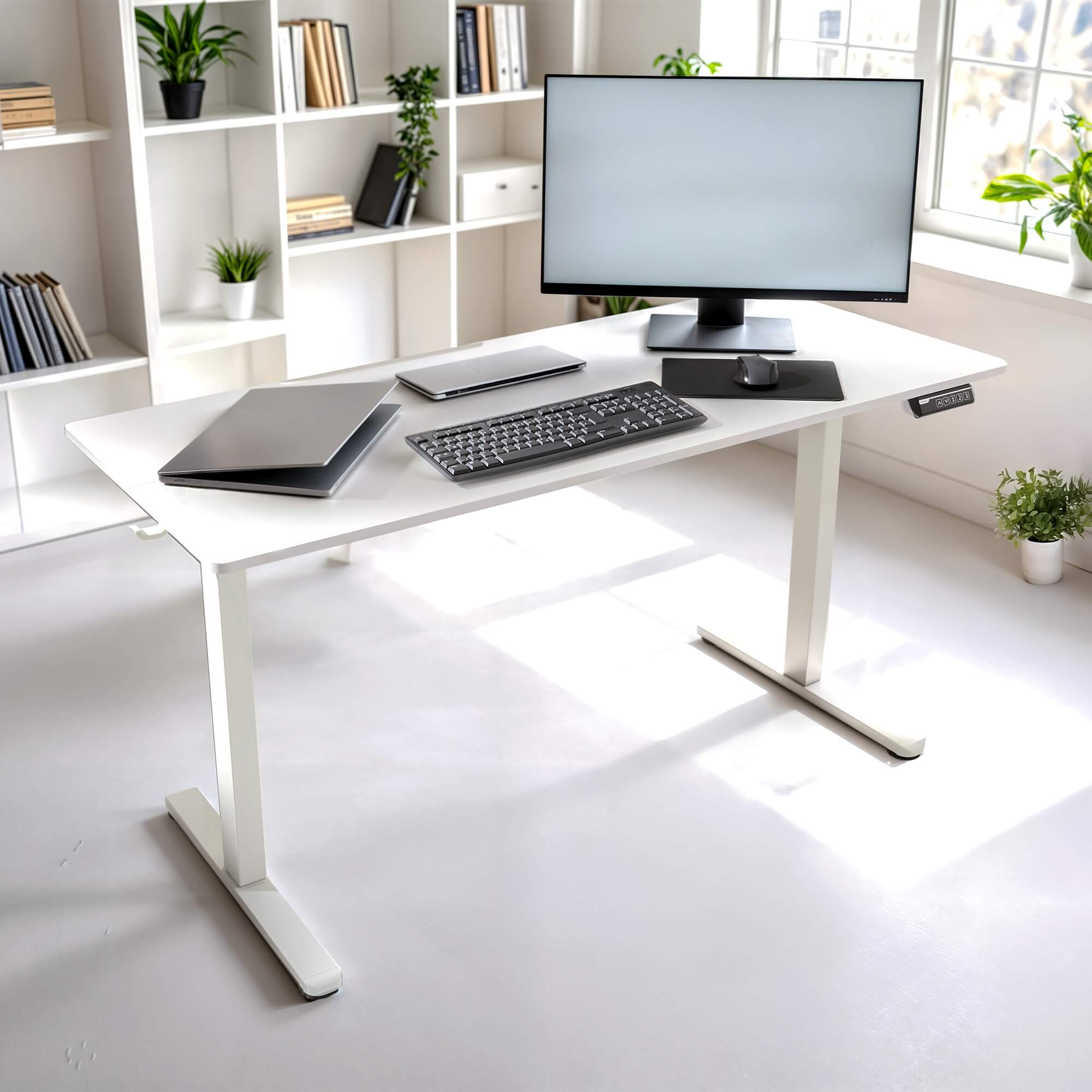 Ein weißer Schreibtisch mit Monitor, Tastatur und Zubehör. In heller, moderner Büroumgebung.