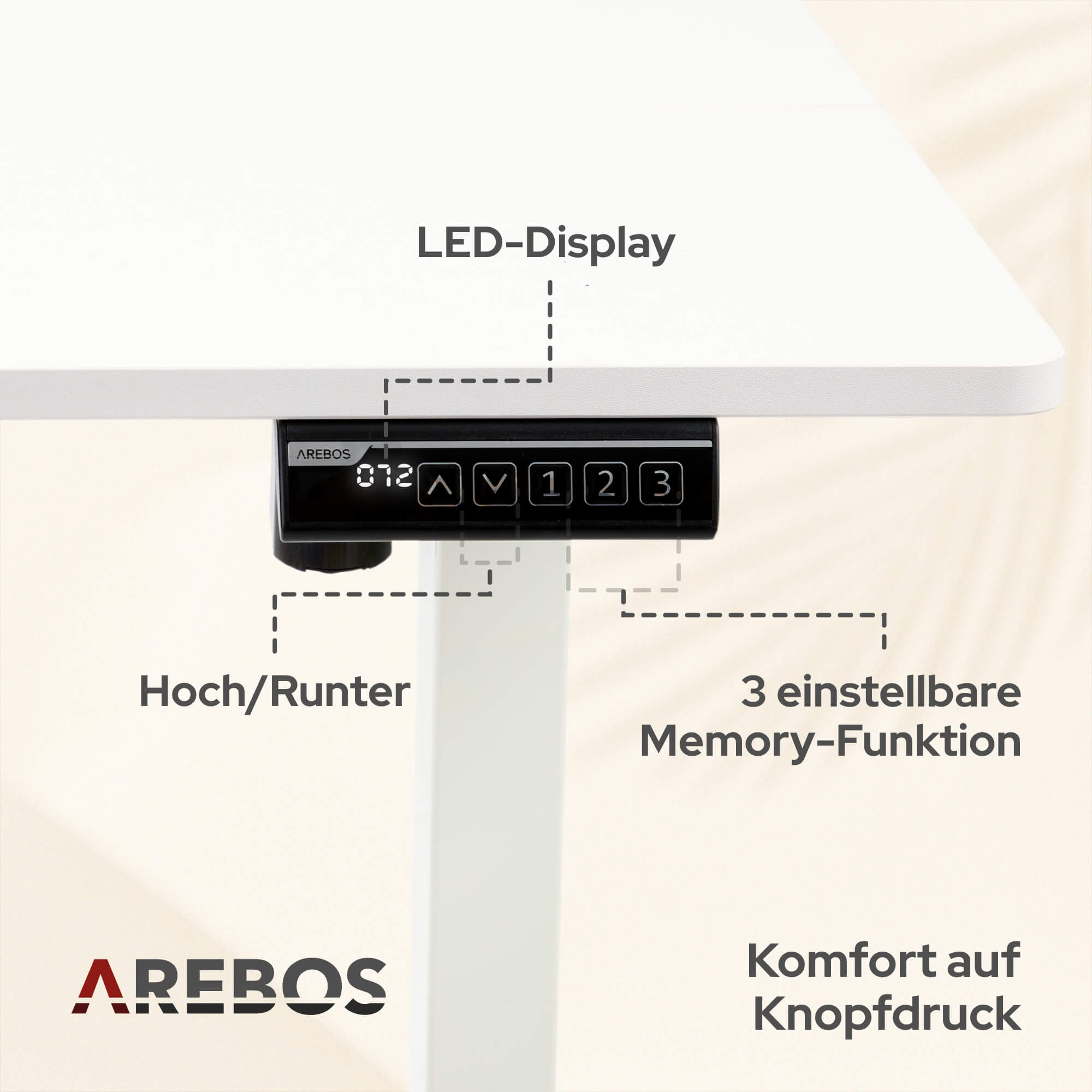 Nahaufnahme des Bedienfelds auf einem weißen Schreibtisch. Funktionen umfassen Höhenverstellung und Speichereinstellungen.