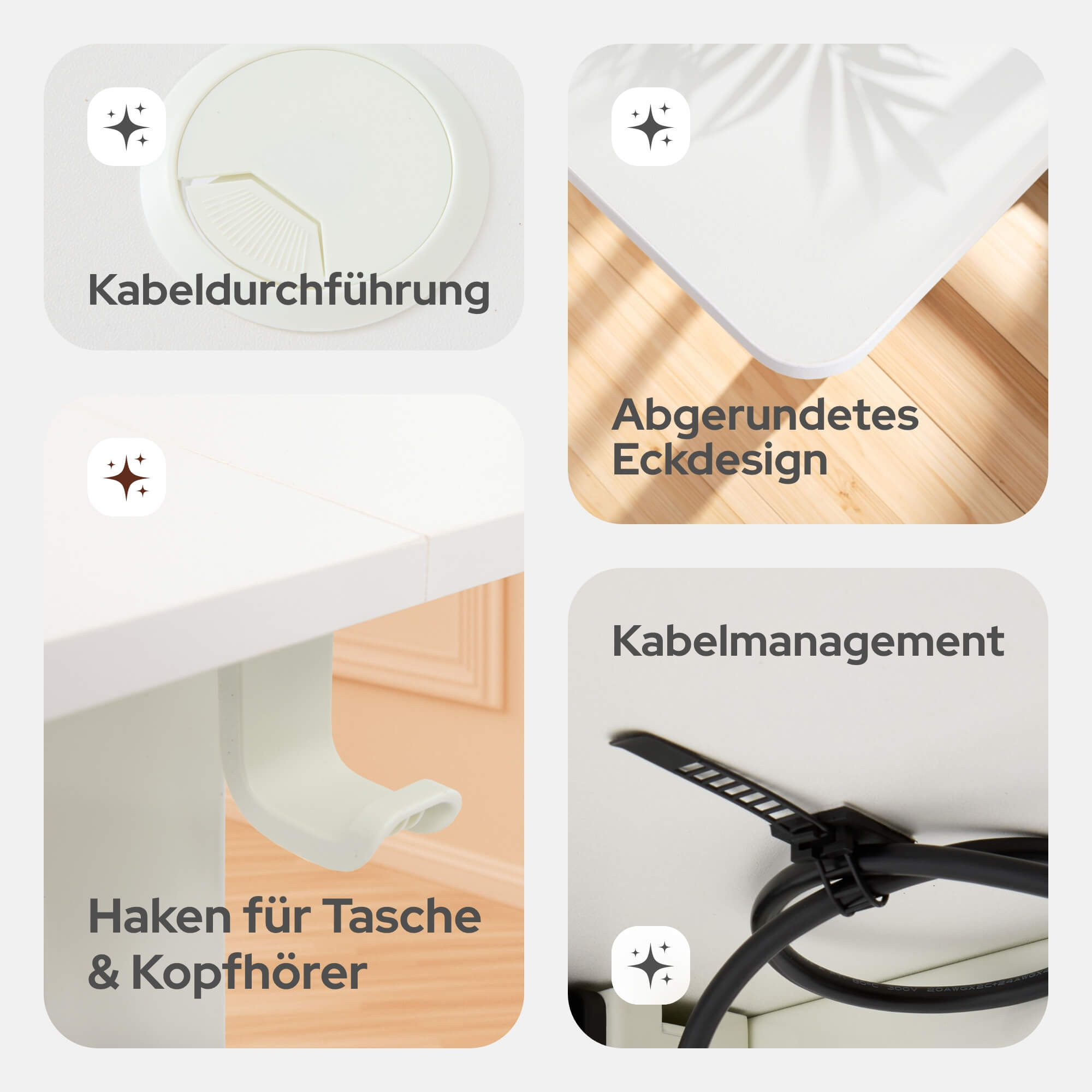 Details des weißen Schreibtischs: Kabeldurchlass, abgerundete Ecken, Haken für Tasche und Kabelmanagementsystem. Der Hintergrund ist hell.