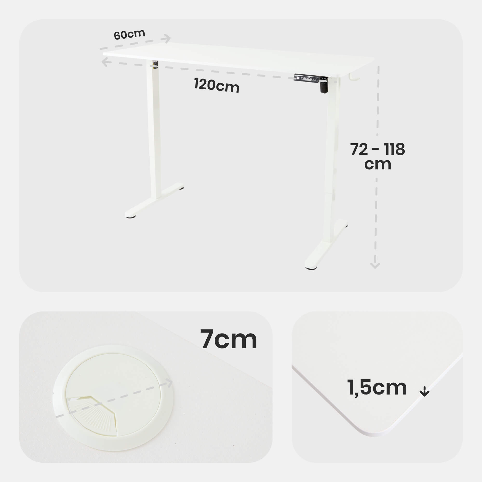 Details zum weißen, höhenverstellbaren Schreibtisch: 120x60cm, Höhe 72-118cm. Inklusive Kabeldurchlass (7cm) und Tischkante (1,5cm).