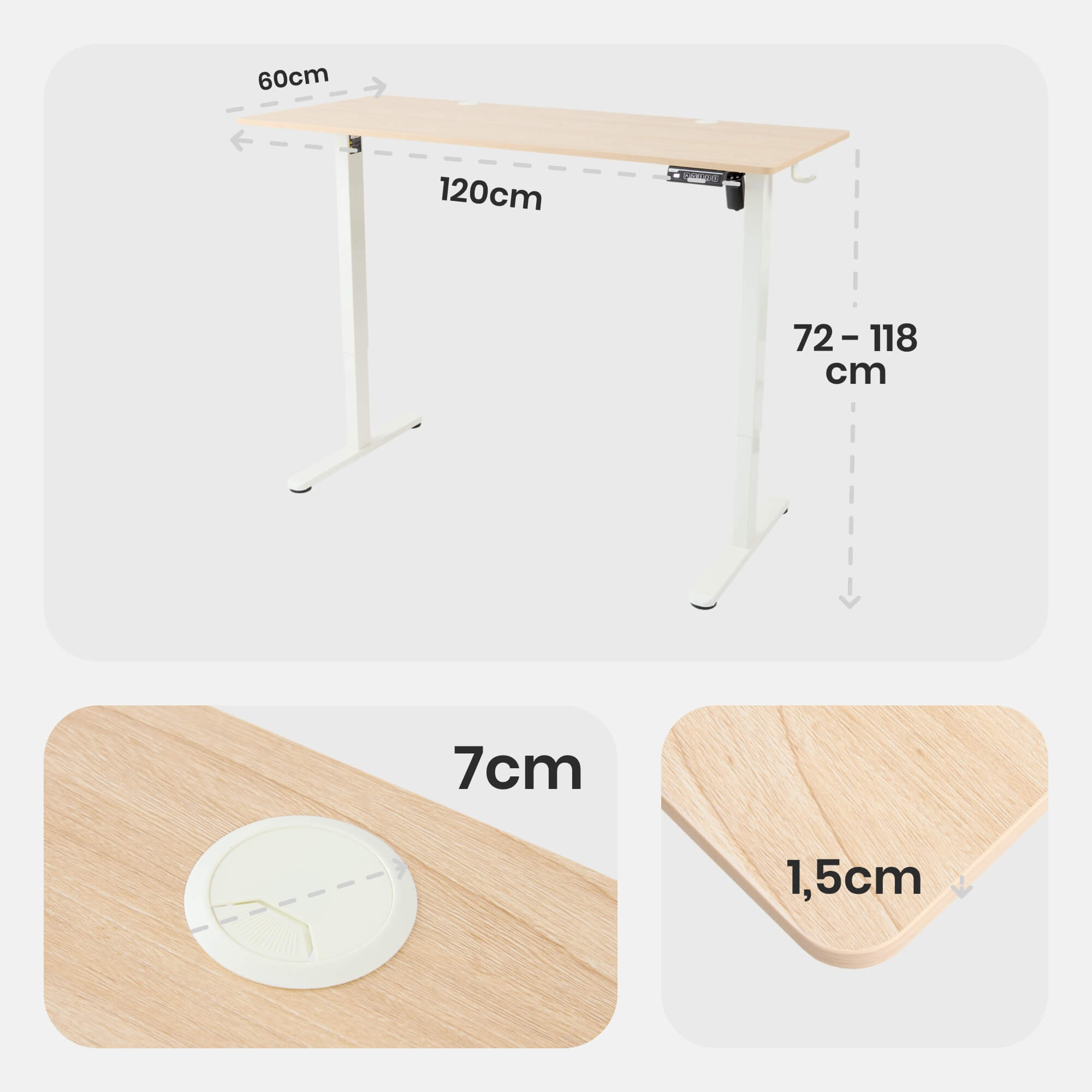 Ein höhenverstellbarer Schreibtisch mit heller Holzplatte. Abmessungen: 60 cm, 120 cm, 72-118 cm, 7 cm und 1,5 cm.